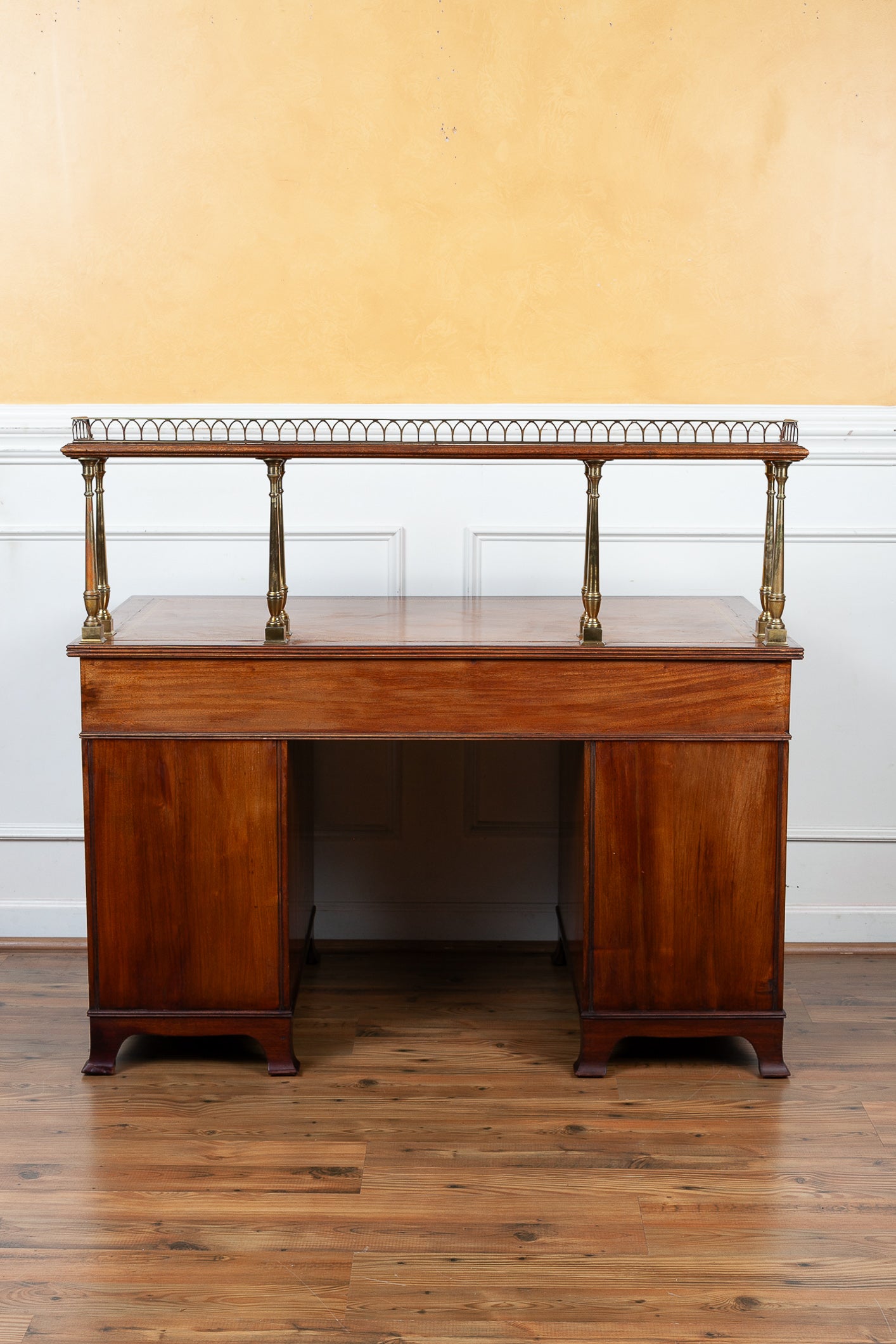 19th Century Mahogany Kneehole Desk with Leather Top & Brass Gallery