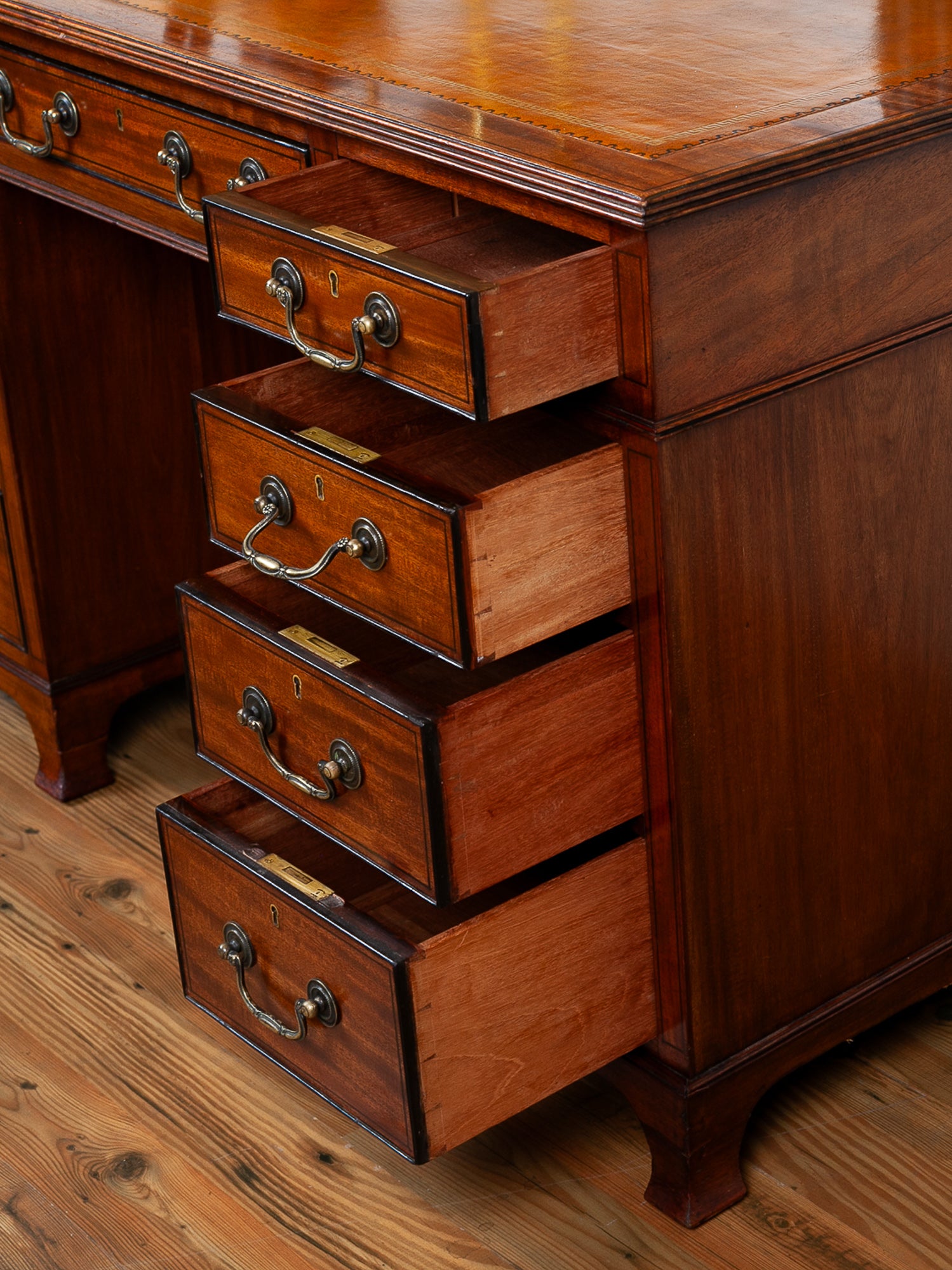 19th Century Mahogany Kneehole Desk with Leather Top & Brass Gallery