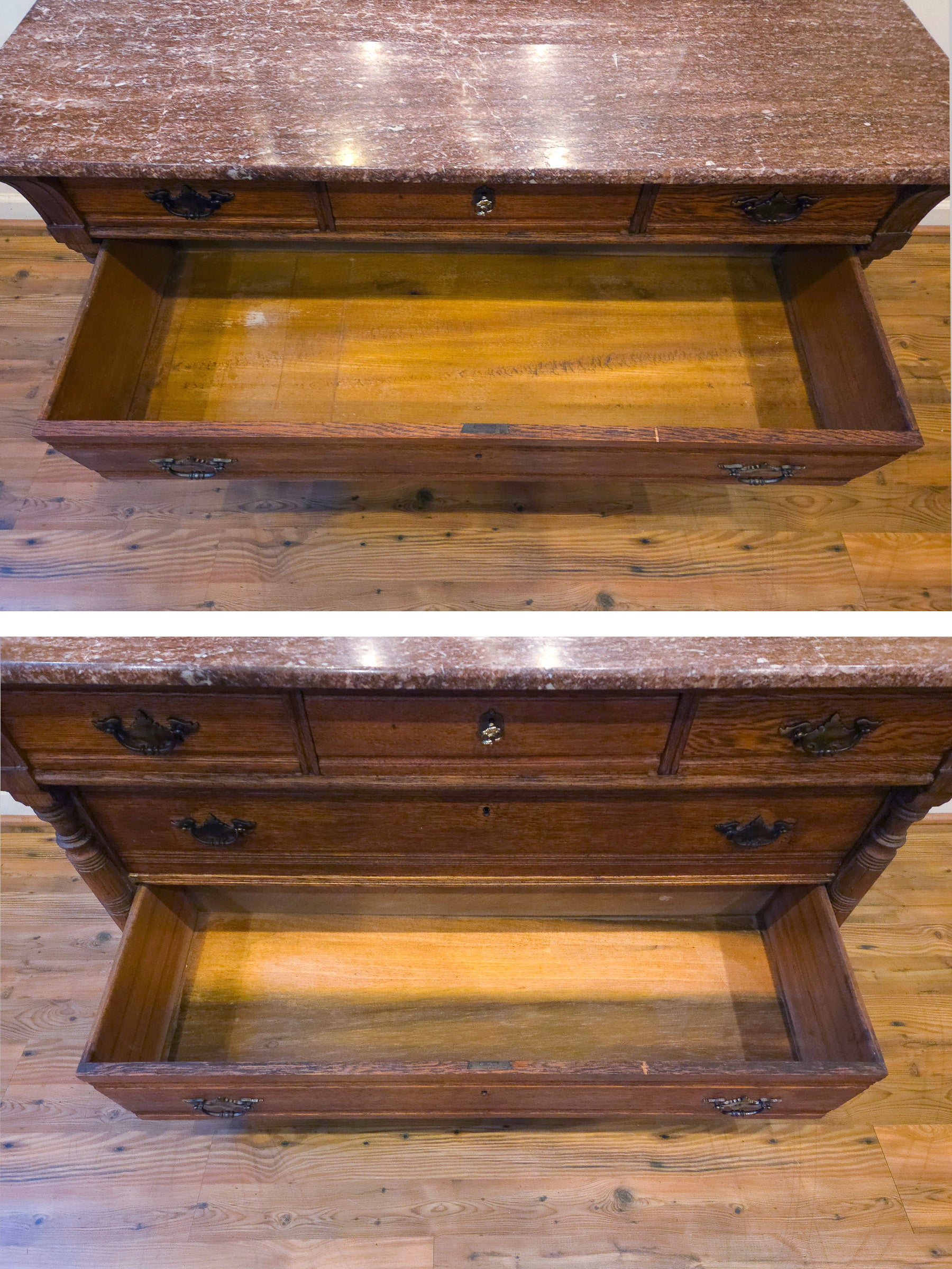 Late 19th Century American Carved Oak Dresser with Rose Marble &amp; Swivel Mirror