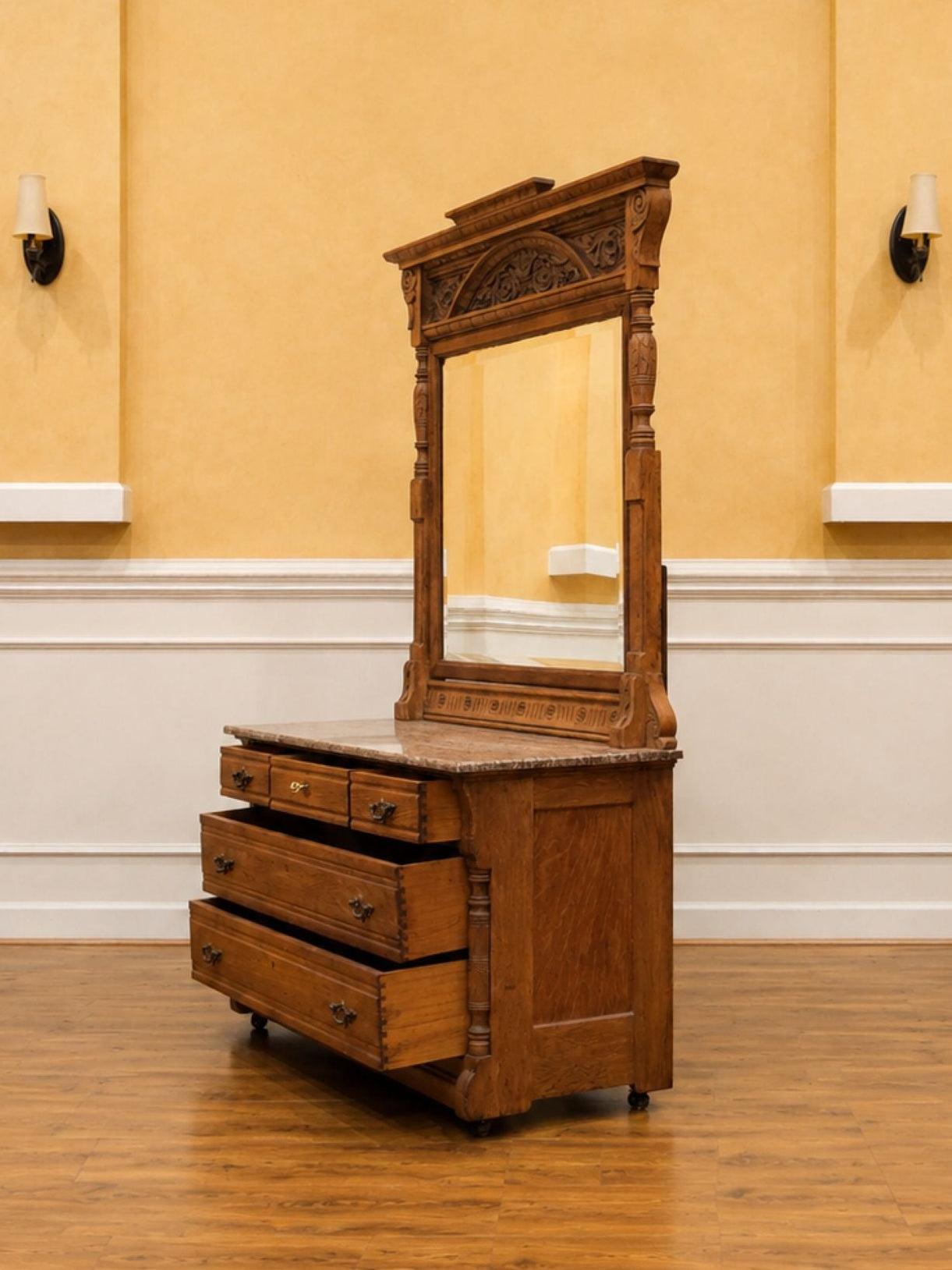 Late 19th Century American Carved Oak Dresser with Rose Marble &amp; Swivel Mirror