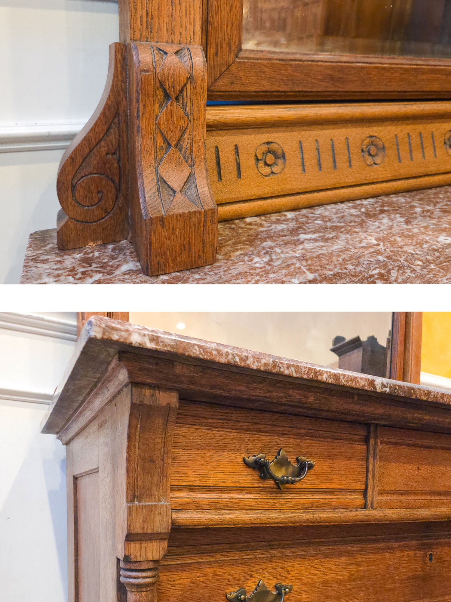 Late 19th Century American Carved Oak Dresser with Rose Marble &amp; Swivel Mirror
