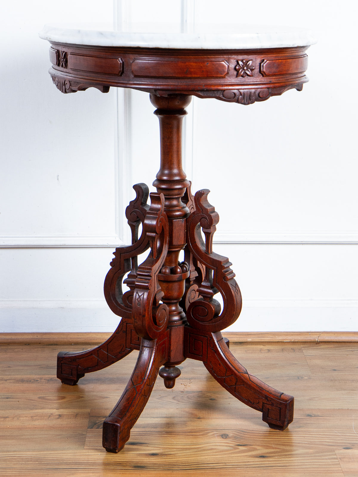 19th Century American Eastlake Carved Walnut Marble-Top Pedestal Side Table