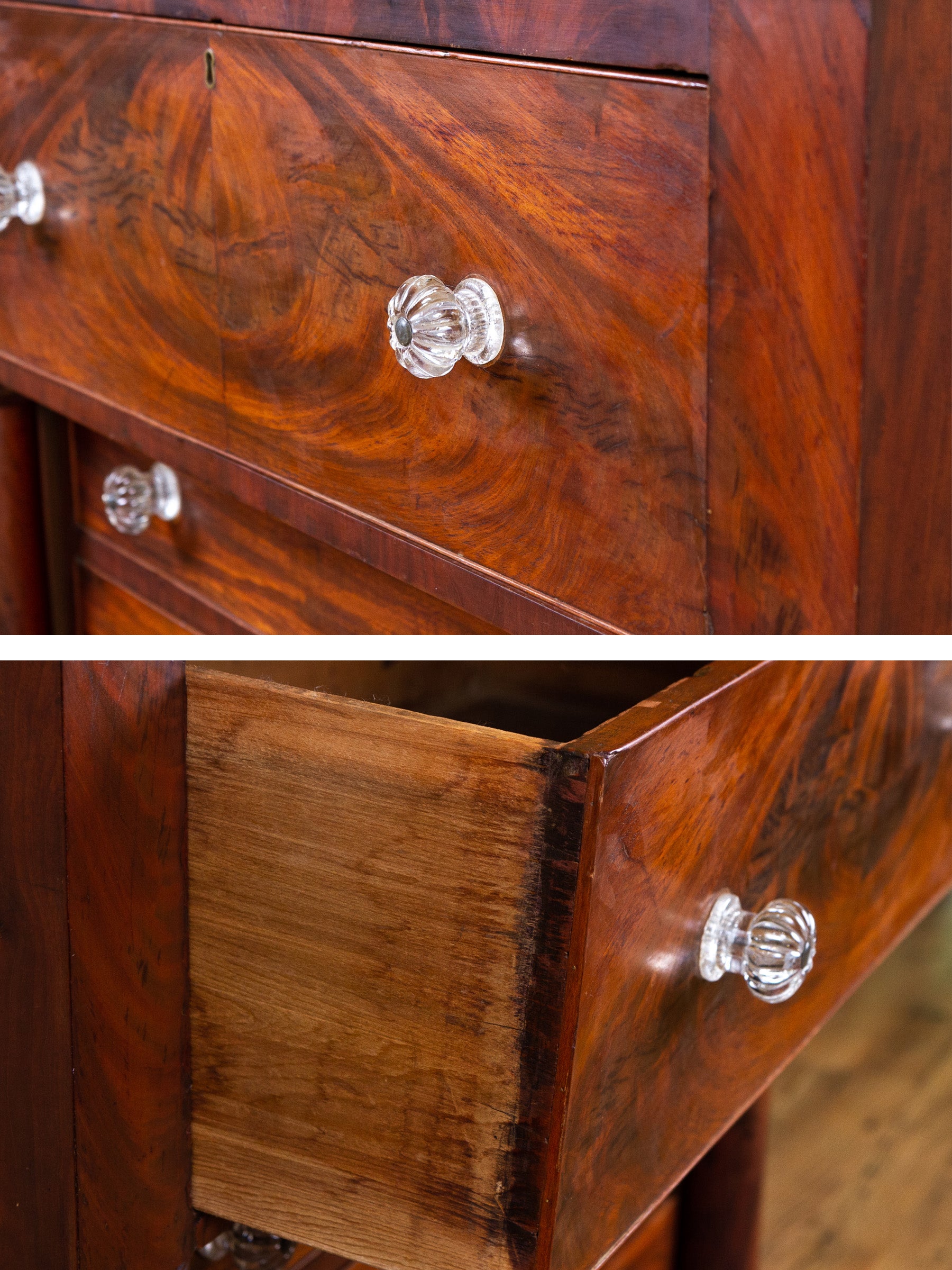 Antique Early 19th Century American Empire Flame Mahogany Chest of Drawers Dresser.