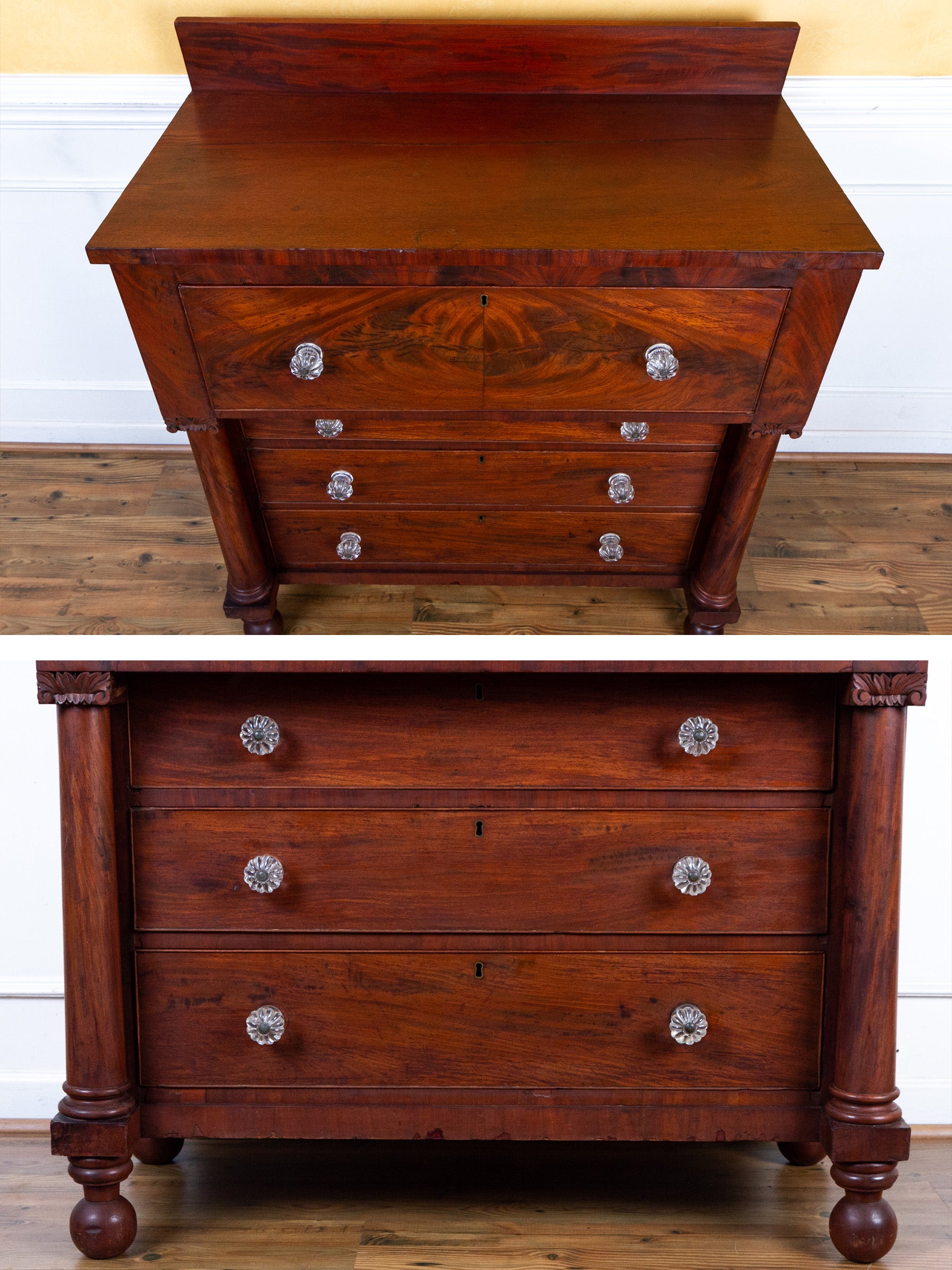 Antique Early 19th Century American Empire Flame Mahogany Chest of Drawers Dresser.