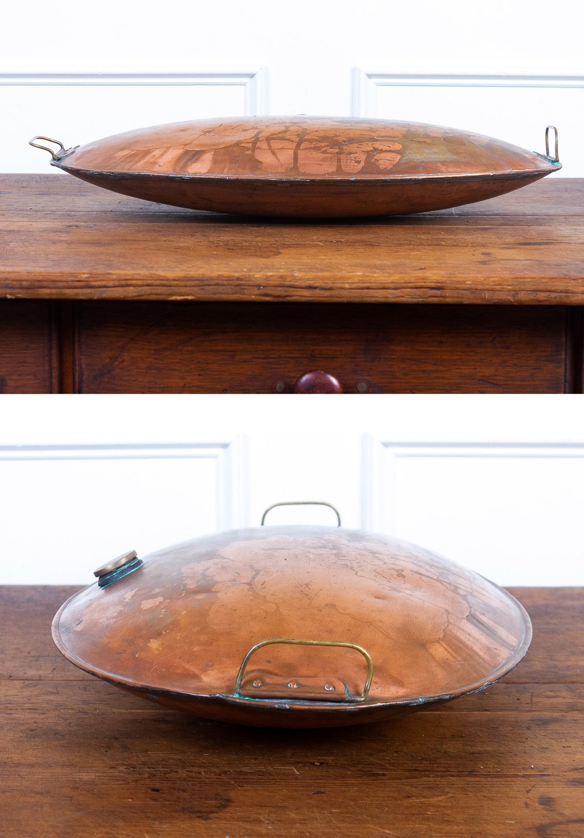 Rare Oversized Antique English Copper Hot Water Bottle Bed Warmer with Brass Handles