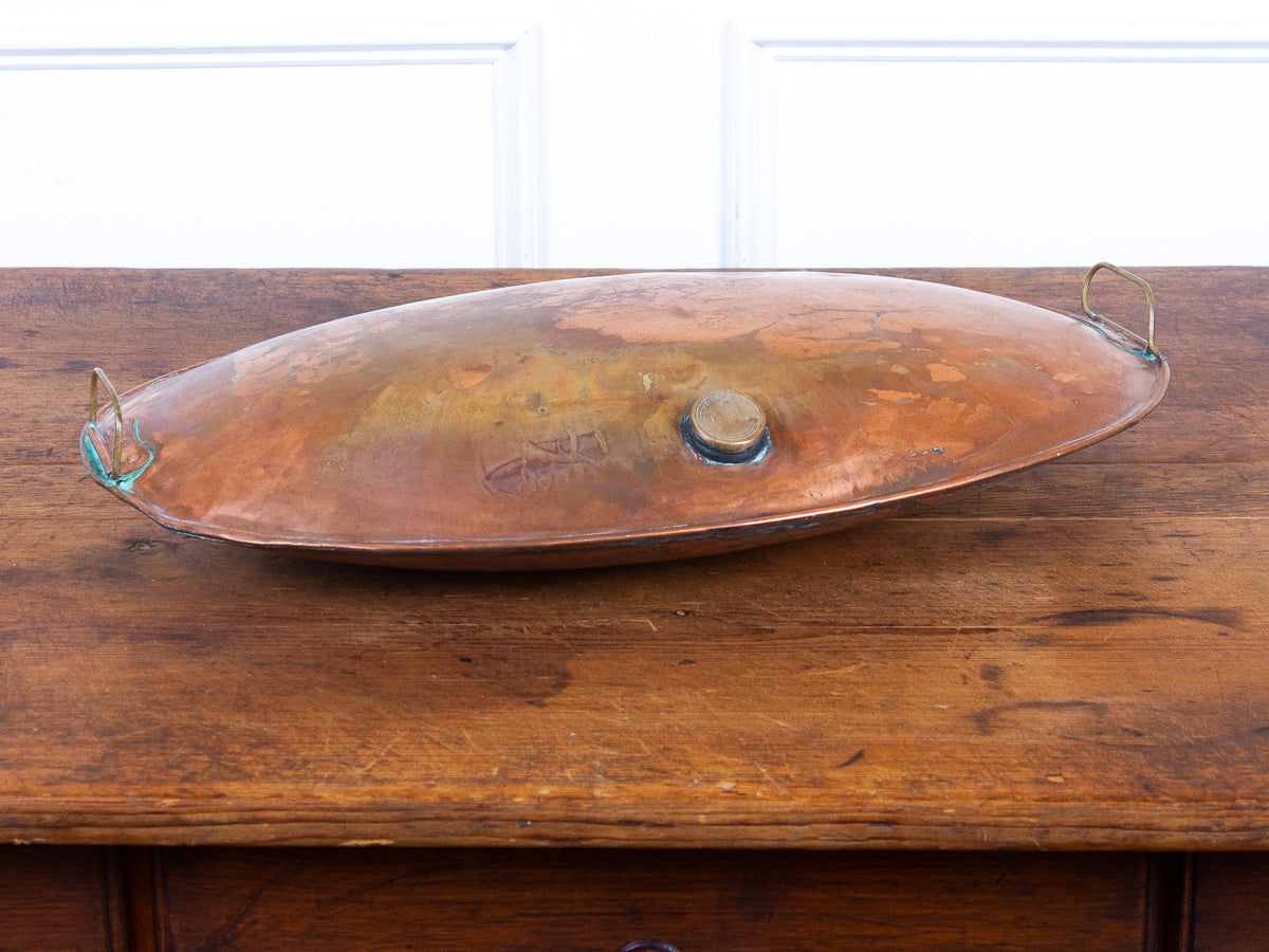 Rare Oversized Antique English Copper Hot Water Bottle Bed Warmer with Brass Handles