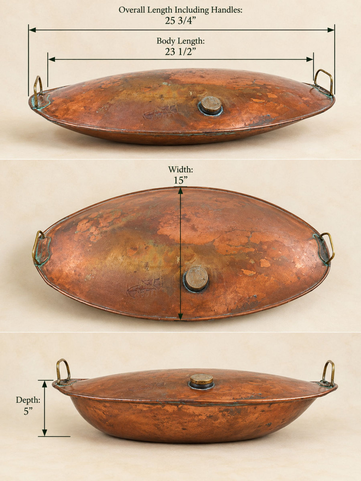 Rare Oversized Antique English Copper Hot Water Bottle Bed Warmer with Brass Handles