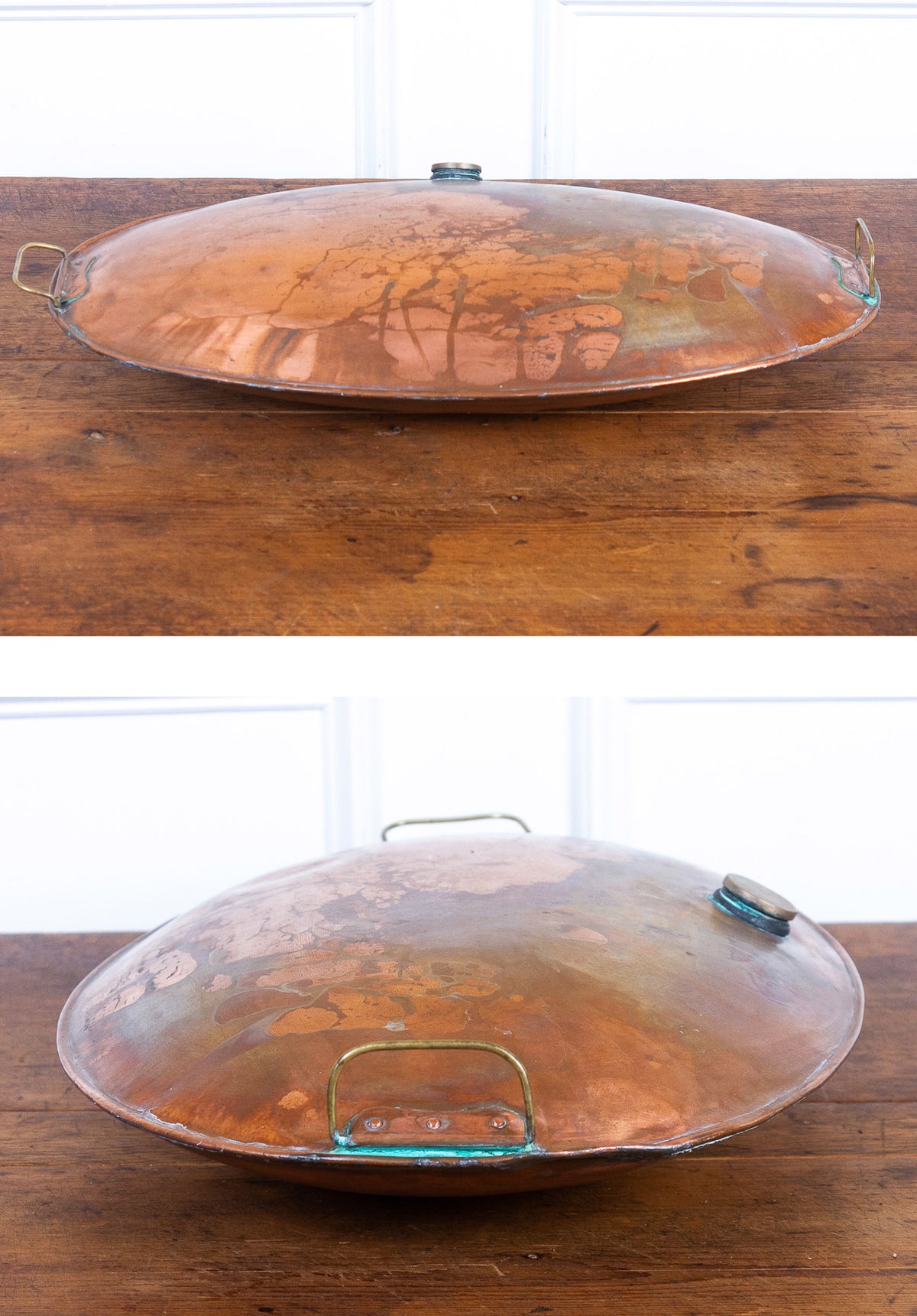 Rare Oversized Antique English Copper Hot Water Bottle Bed Warmer with Brass Handles