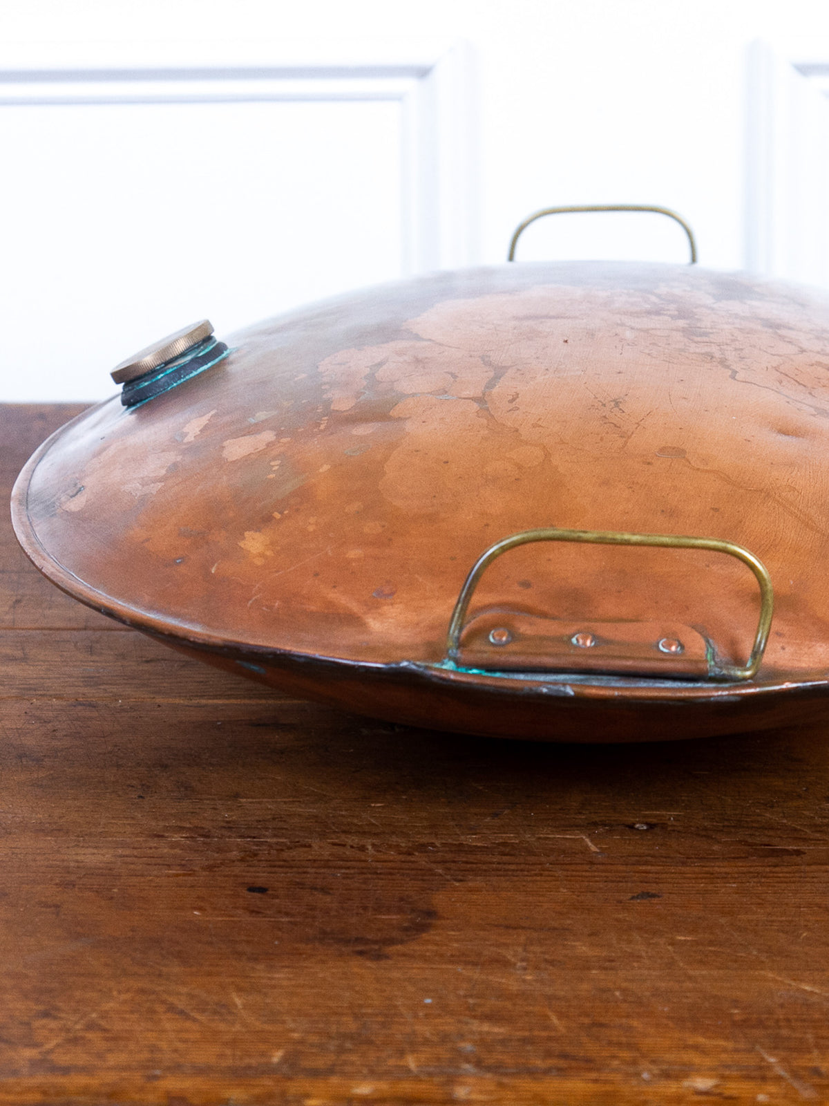 Rare Oversized Antique English Copper Hot Water Bottle Bed Warmer with Brass Handles