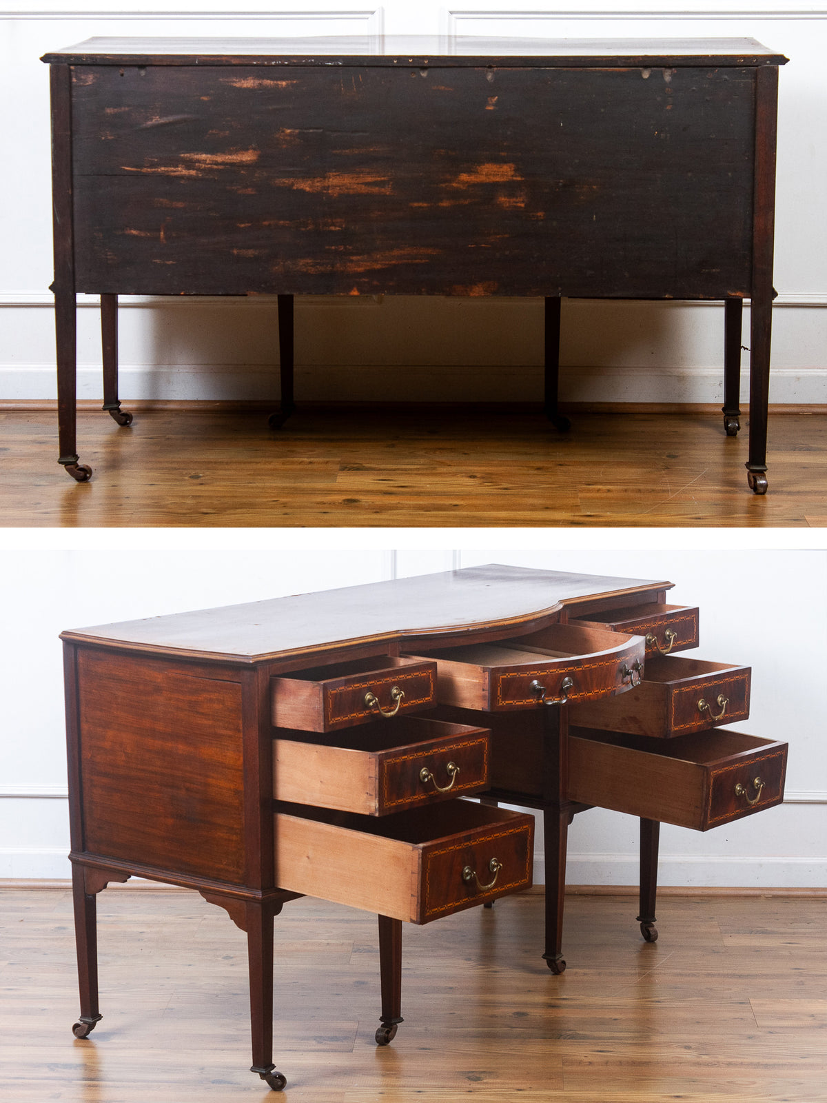 Antique English Edwardian Inlaid Flame Mahogany Dresser or Server.