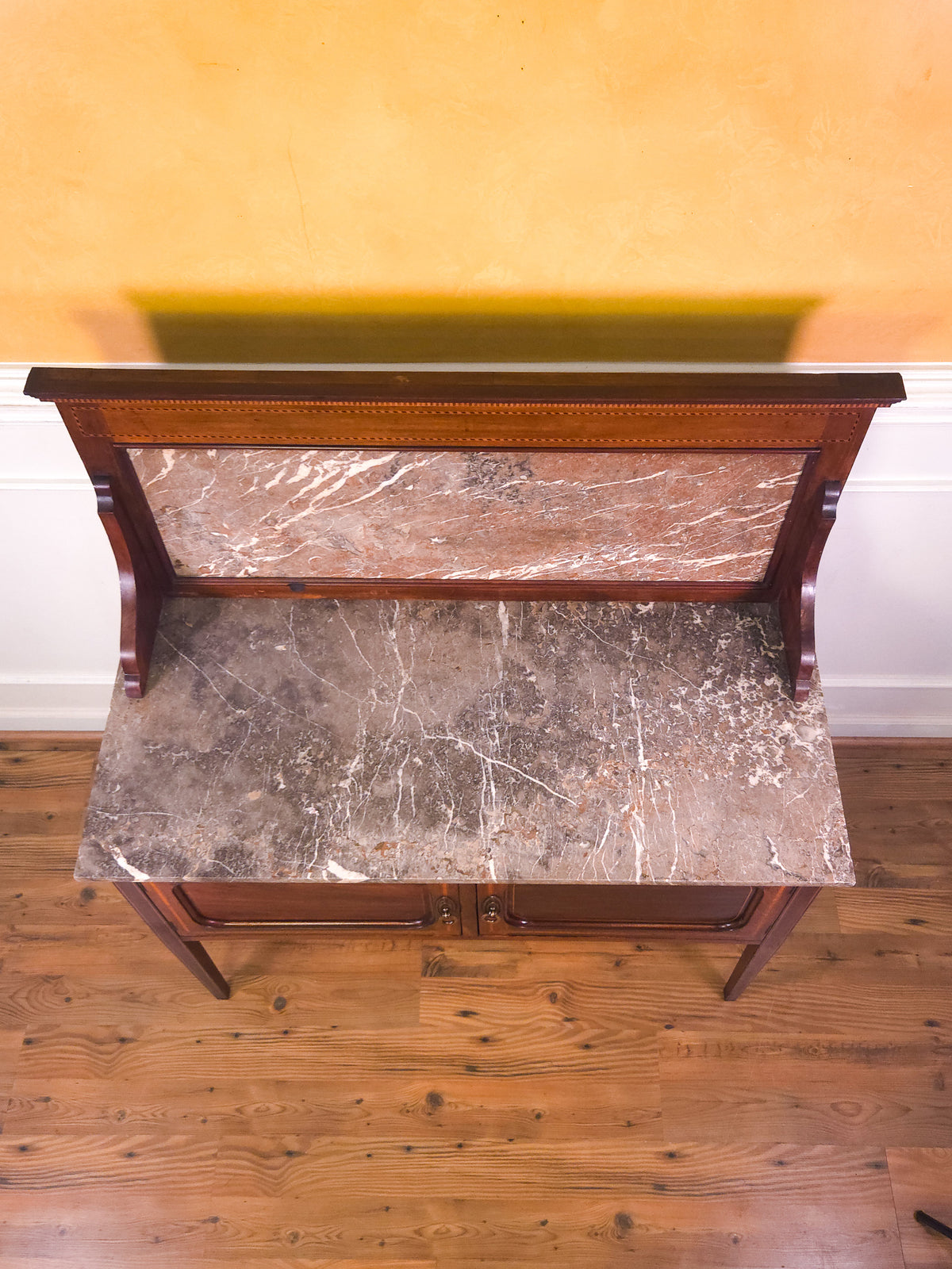 Antique English Inlaid Mahogany, Marble Top and Back, Washstand c.1900