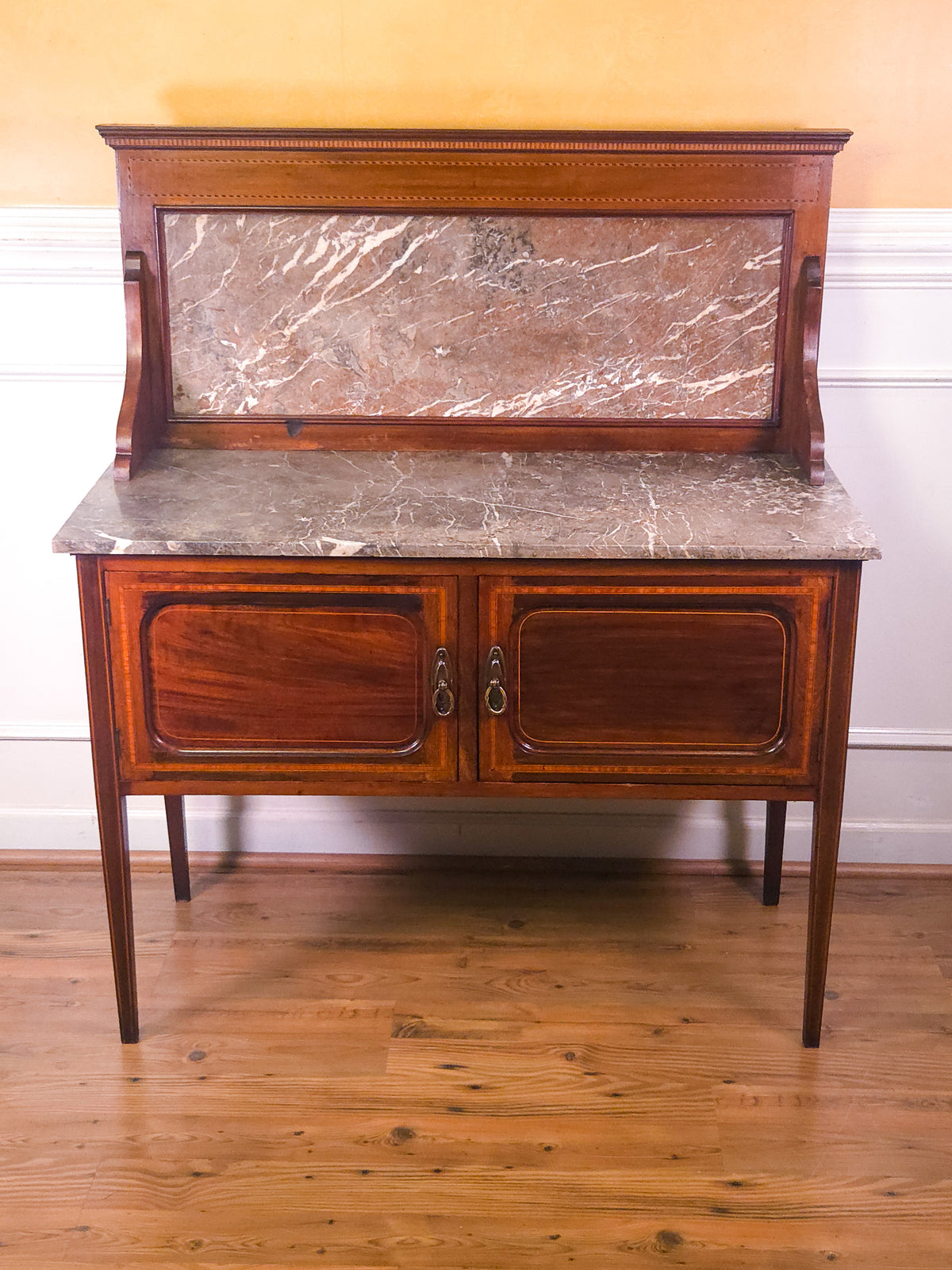 Antique English Inlaid Mahogany, Marble Top and Back, Washstand c.1900