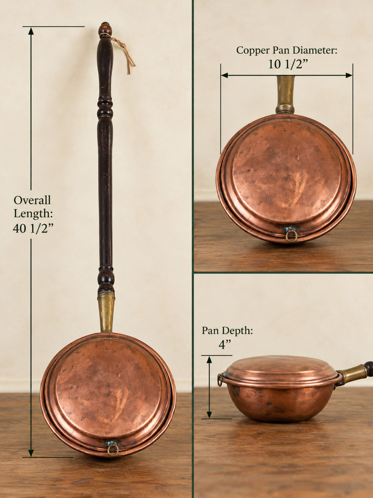 Antique Copper Bed Warmer with Brass Fittings & Long Turned Wooden Handle