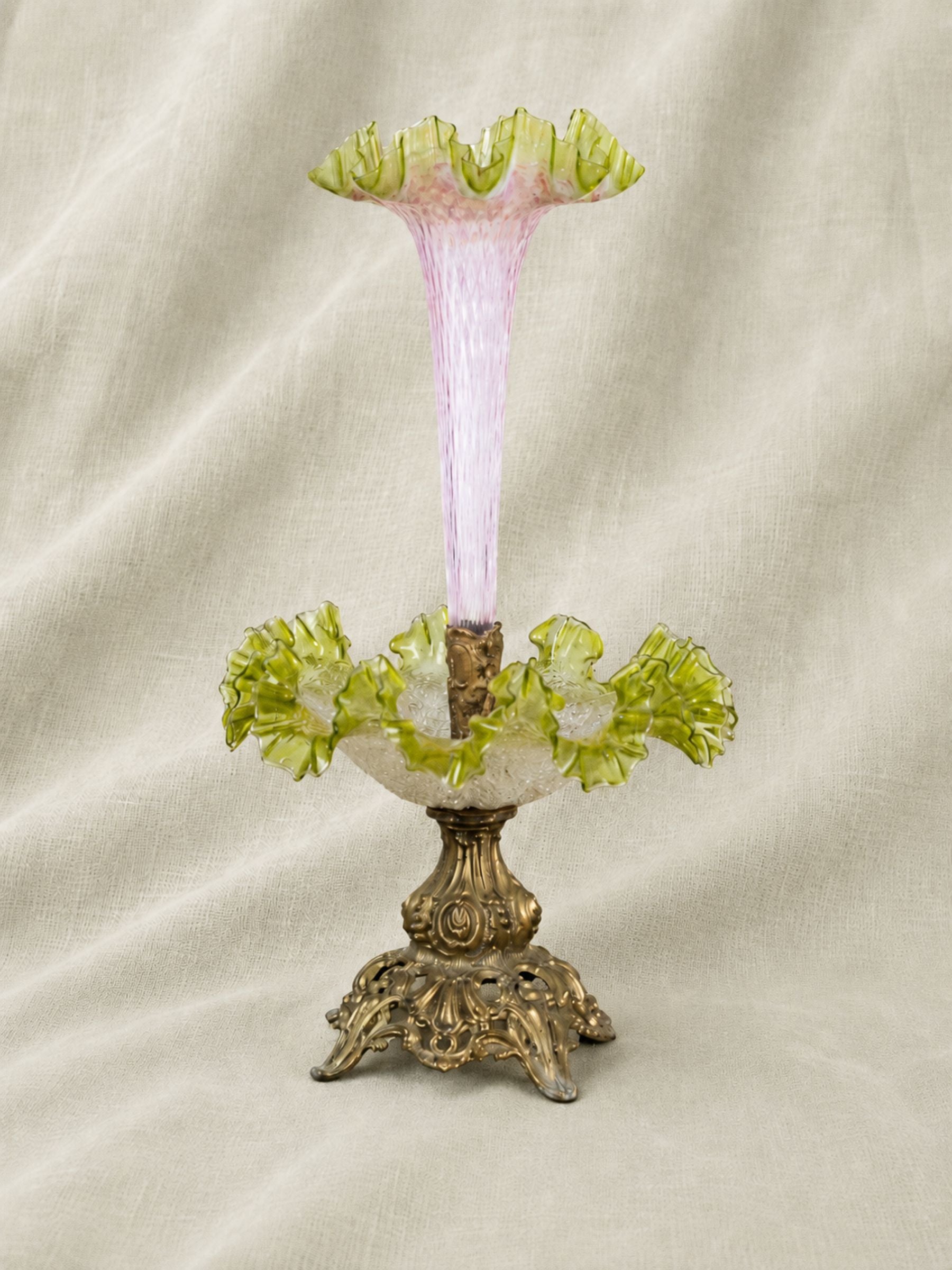 Antique Ruffled Epergne Green & Pink Crackled Art Glass with Ornate Bronze Base