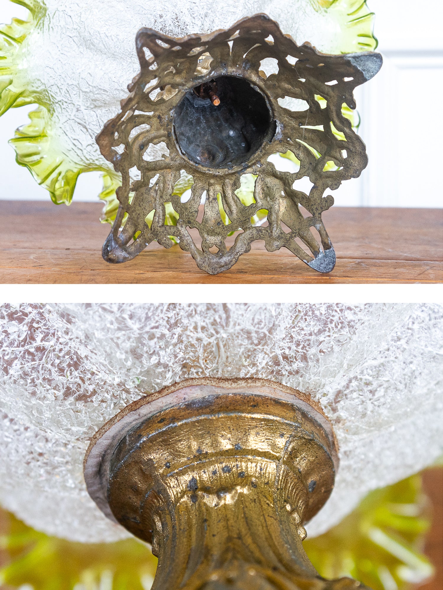 Antique Ruffled Epergne Green & Pink Crackled Art Glass with Ornate Bronze Base
