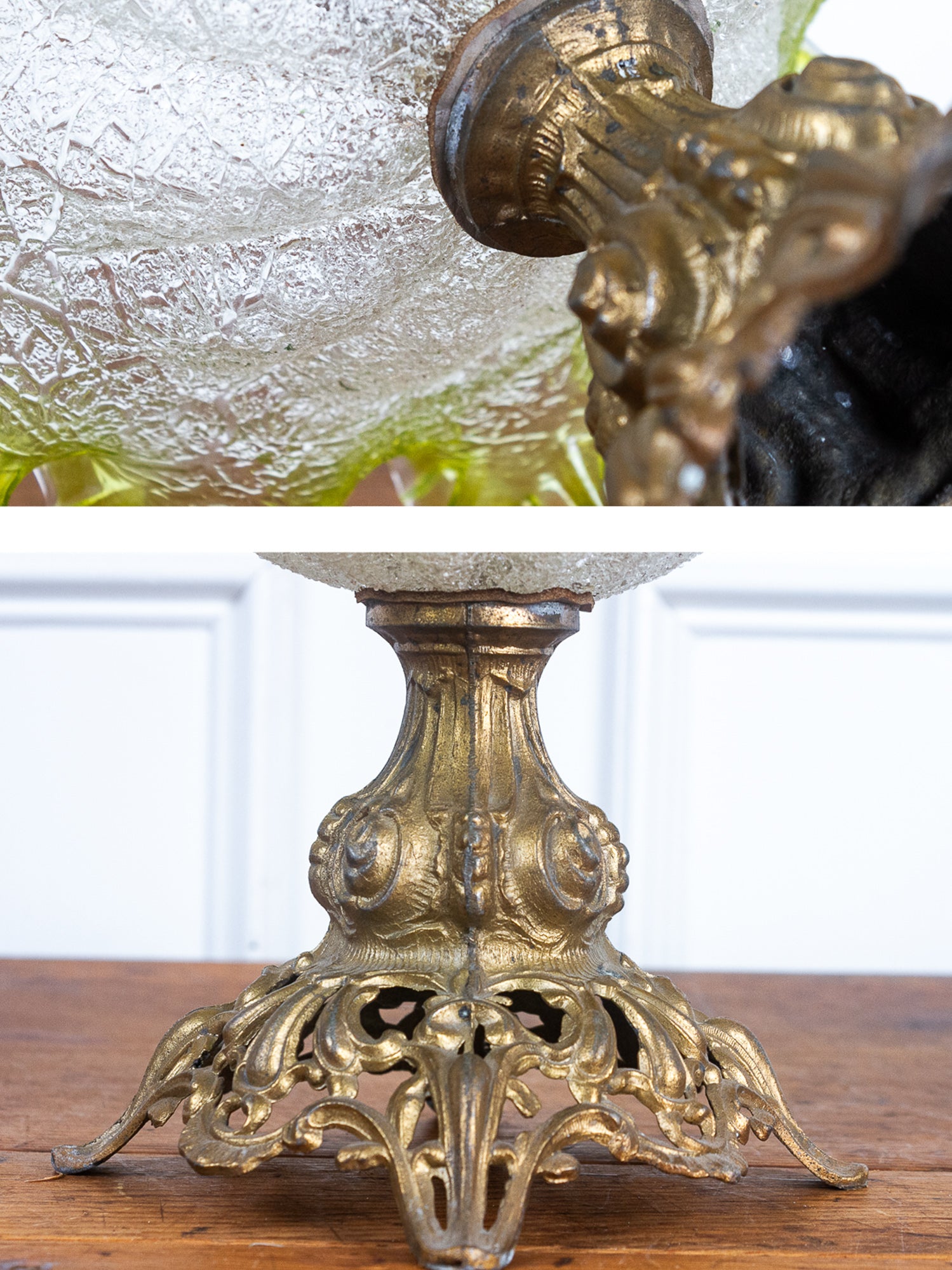 Antique Ruffled Epergne Green & Pink Crackled Art Glass with Ornate Bronze Base