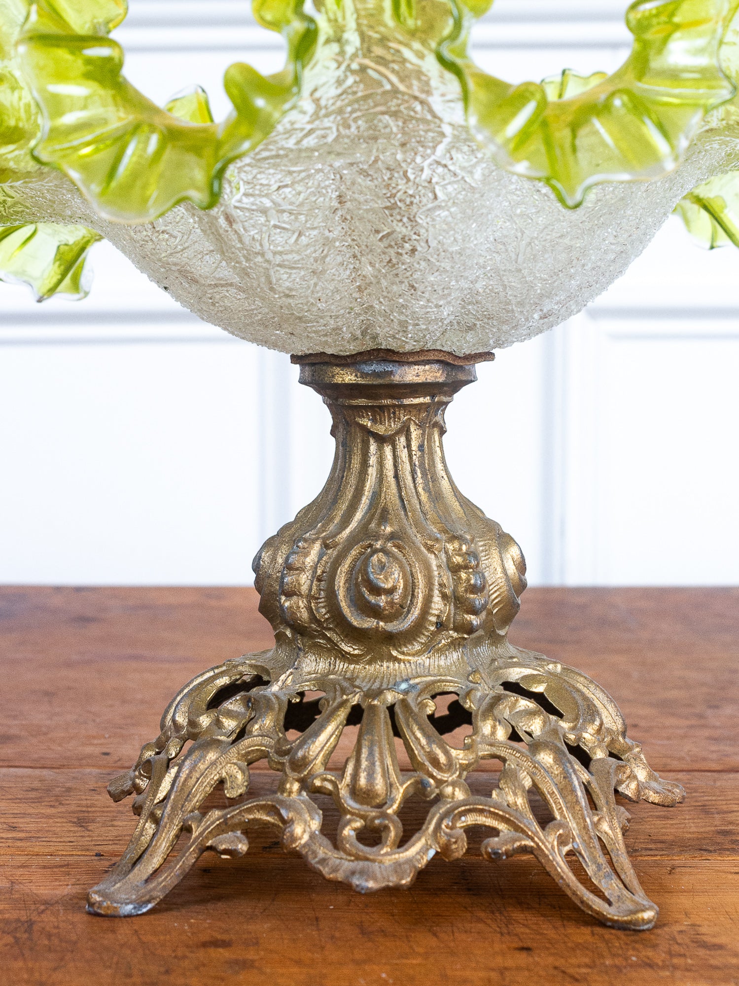 Antique Ruffled Epergne Green & Pink Crackled Art Glass with Ornate Bronze Base