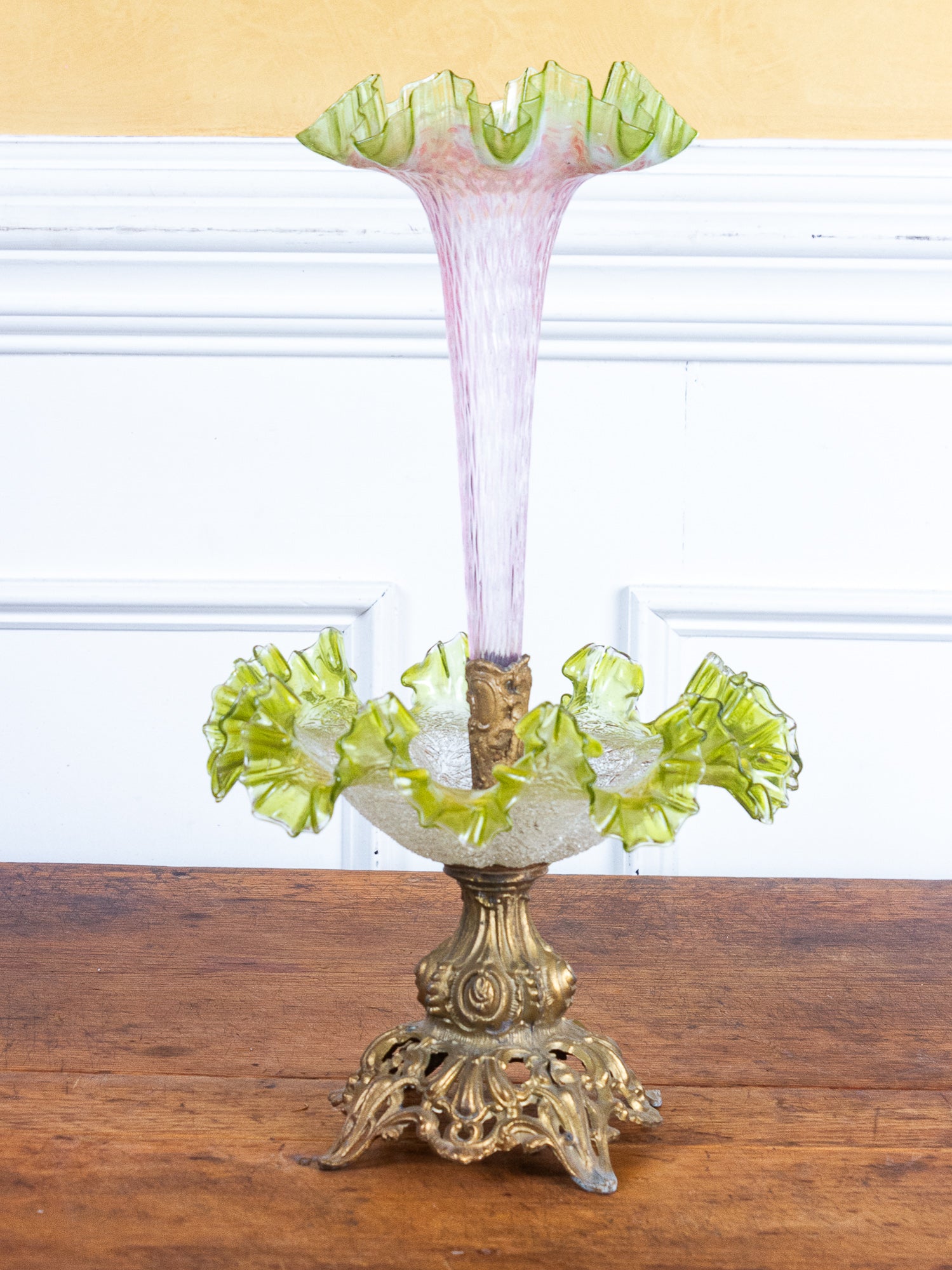 Antique Ruffled Epergne Green & Pink Crackled Art Glass with Ornate Bronze Base