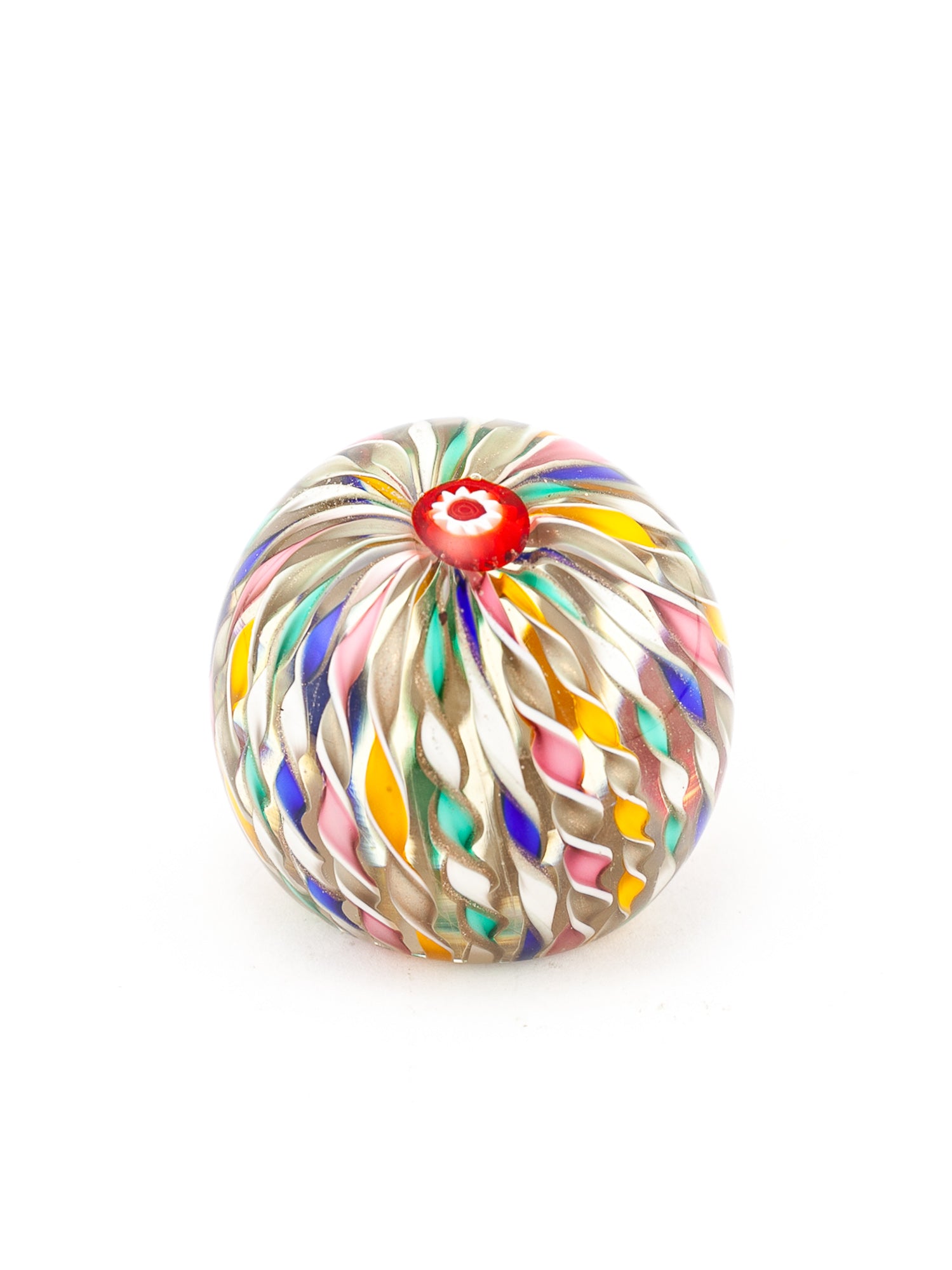 A spherical hand-blown glass paperweight featuring a silver-toned base with a multicolor swirl pattern of yellow, pink, blue, green, and white, finished with a small red and white top.