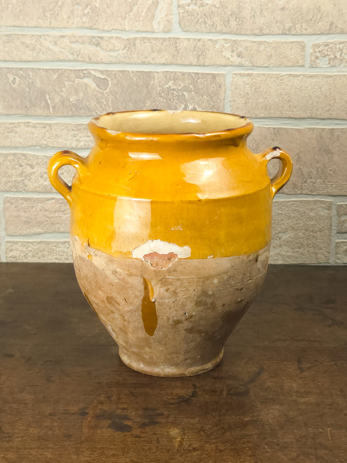 Antique French Country Yellow Glazed Terracotta Confit Pot