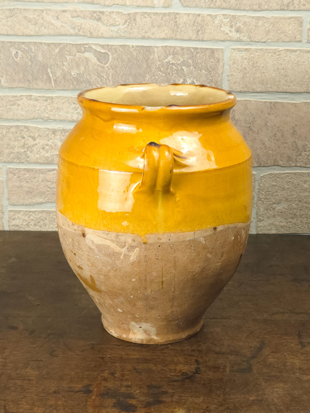 Antique French Country Yellow Glazed Terracotta Confit Pot
