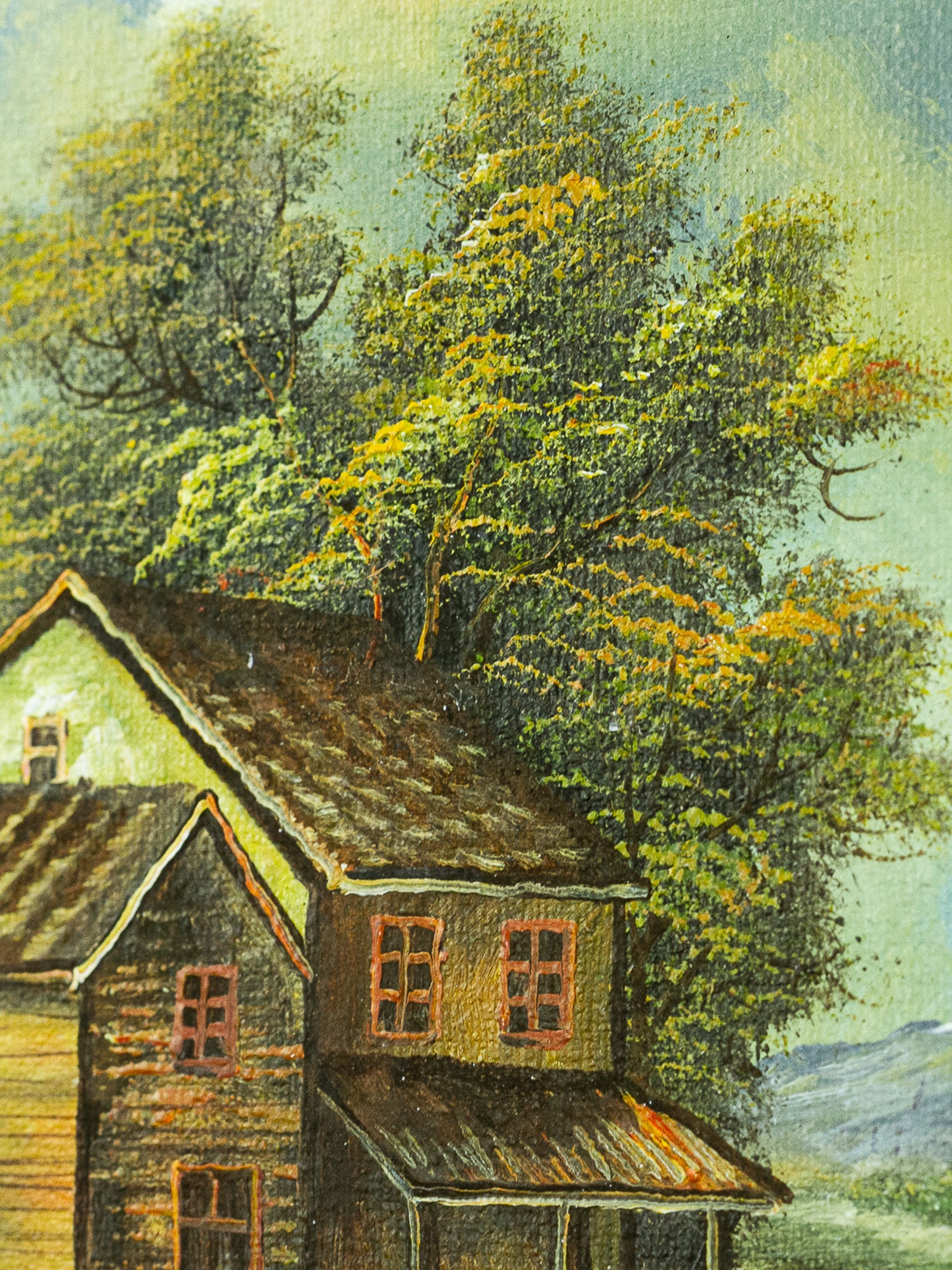 Vintage Gallery Framed Original Oil On Canvas Painting, Old Country Cabin Scene Artist Signed K. Bernath
