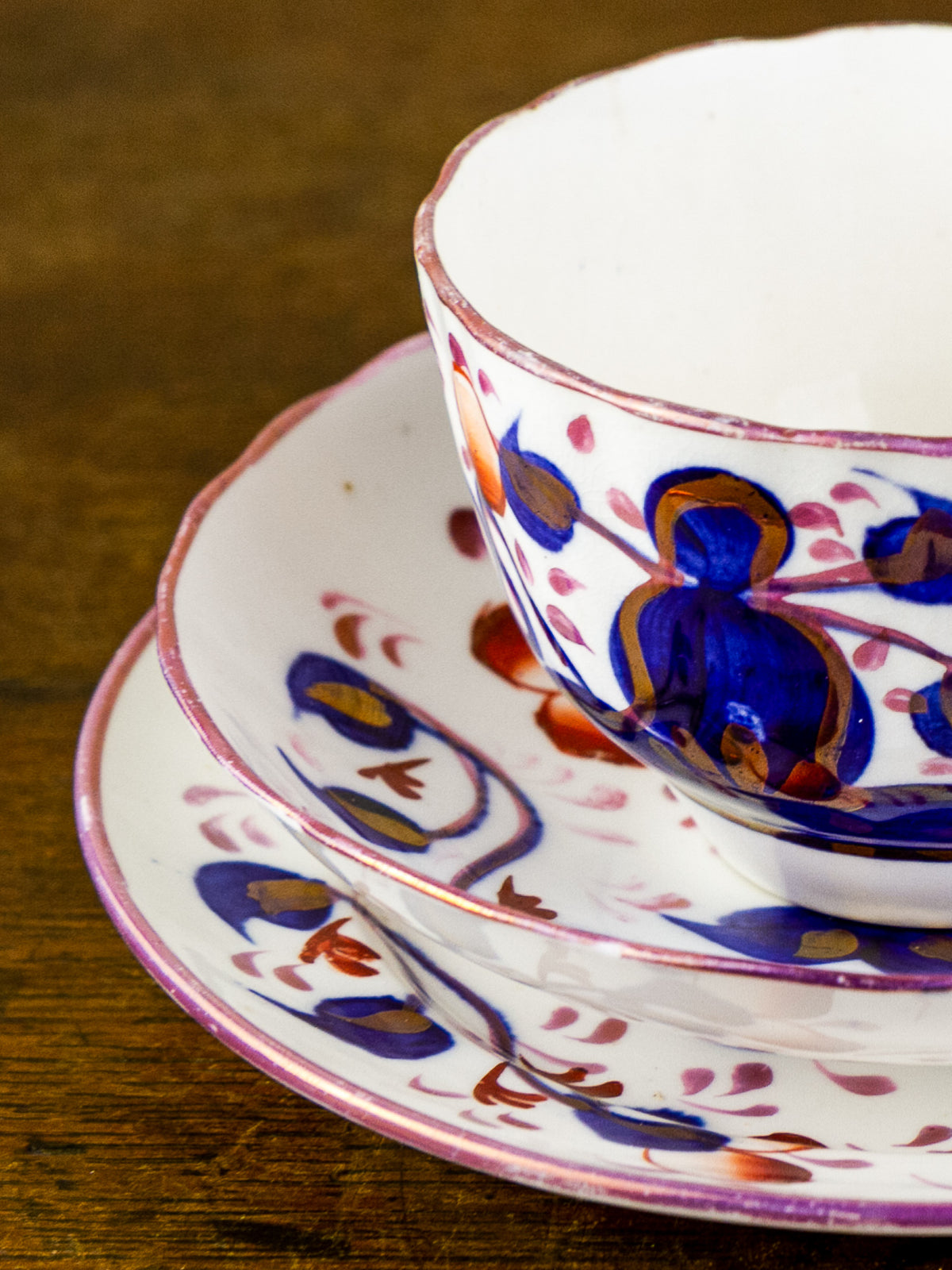Antique Gaudy Welsh Tea Cup, Saucer & Side Plate Trio 19th C. British.