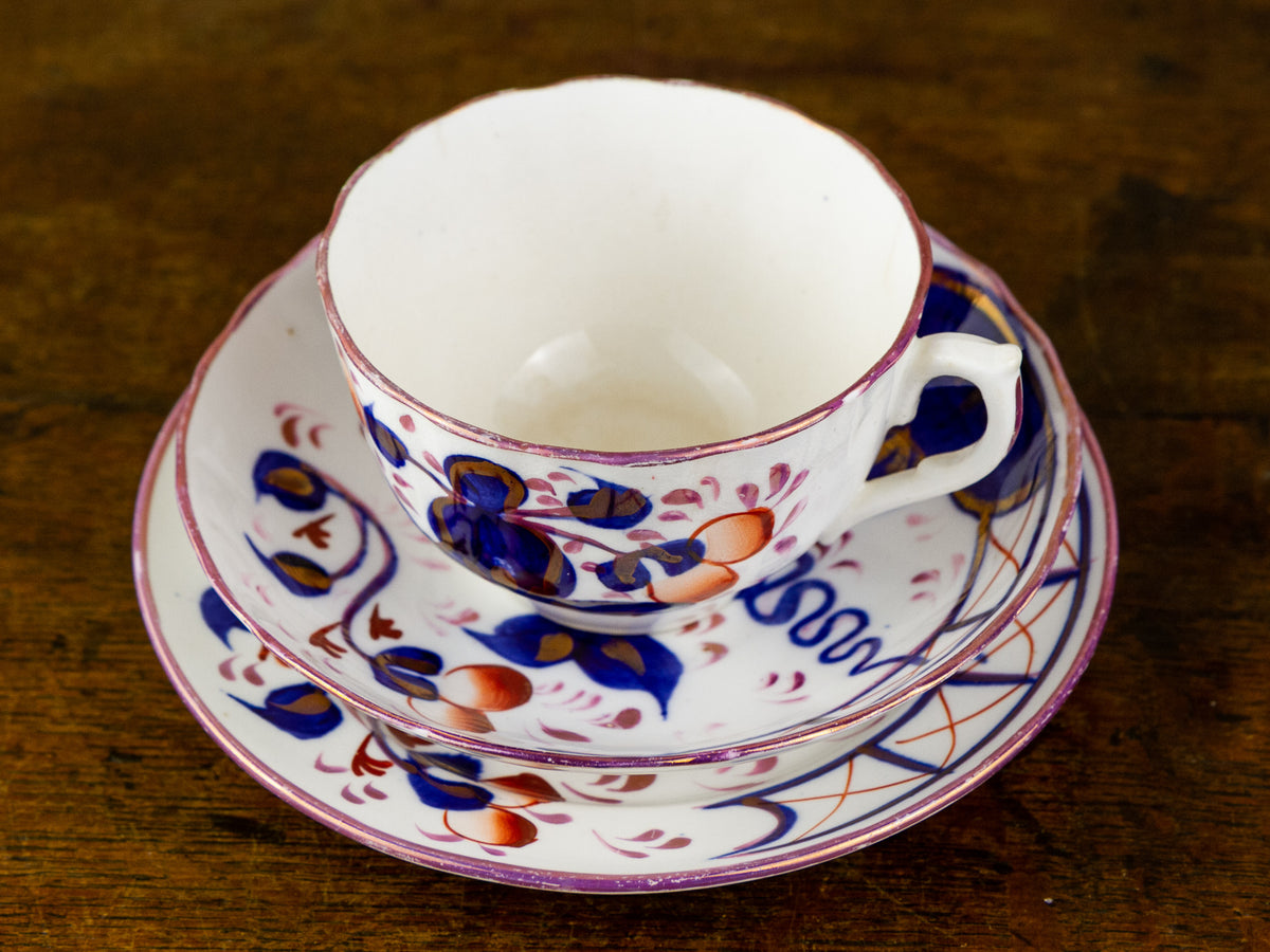 Antique Gaudy Welsh Tea Cup, Saucer & Side Plate Trio 19th C. British.