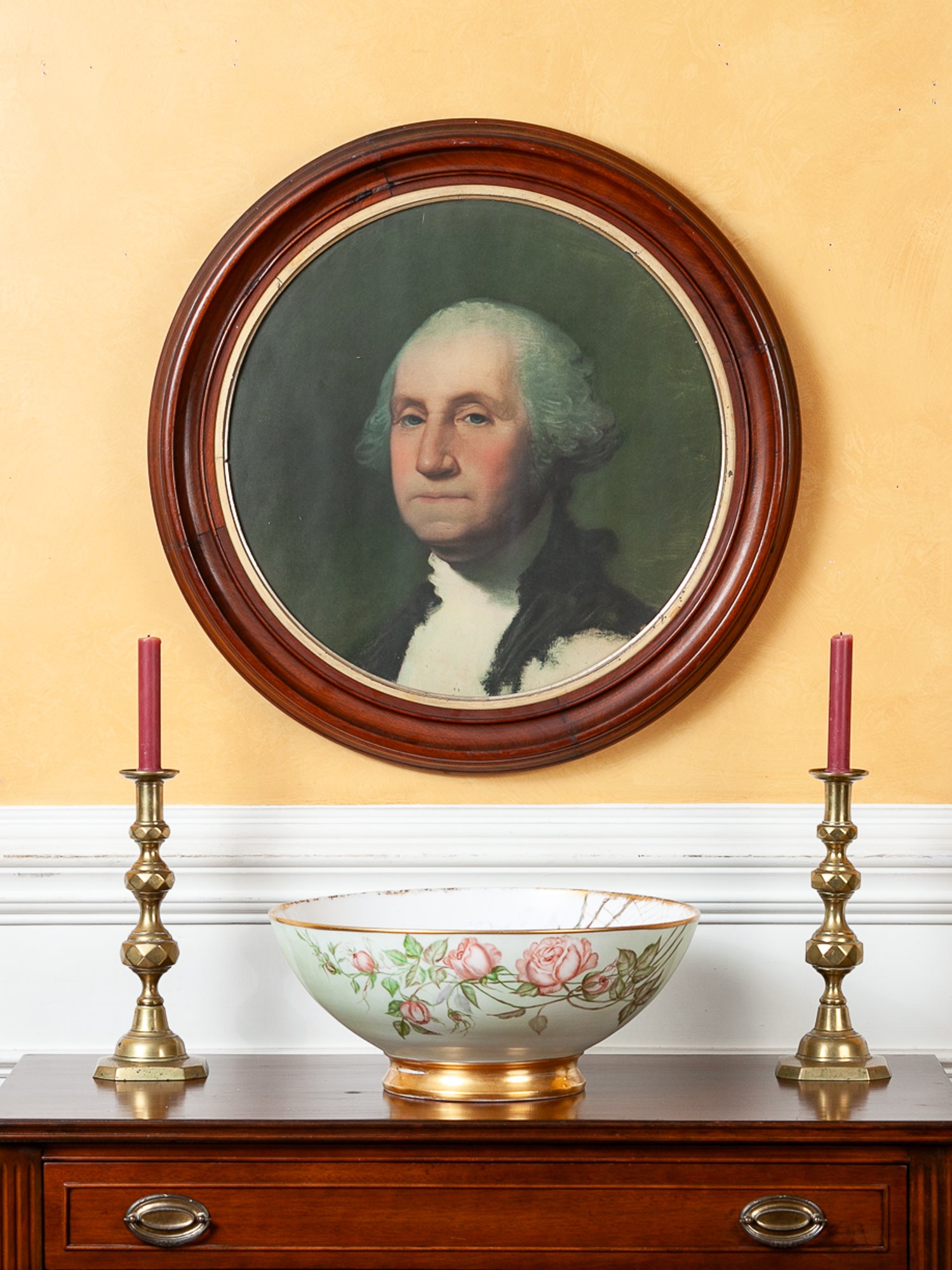 George Washington Portrait in Large Round Walnut & Gilt Frame