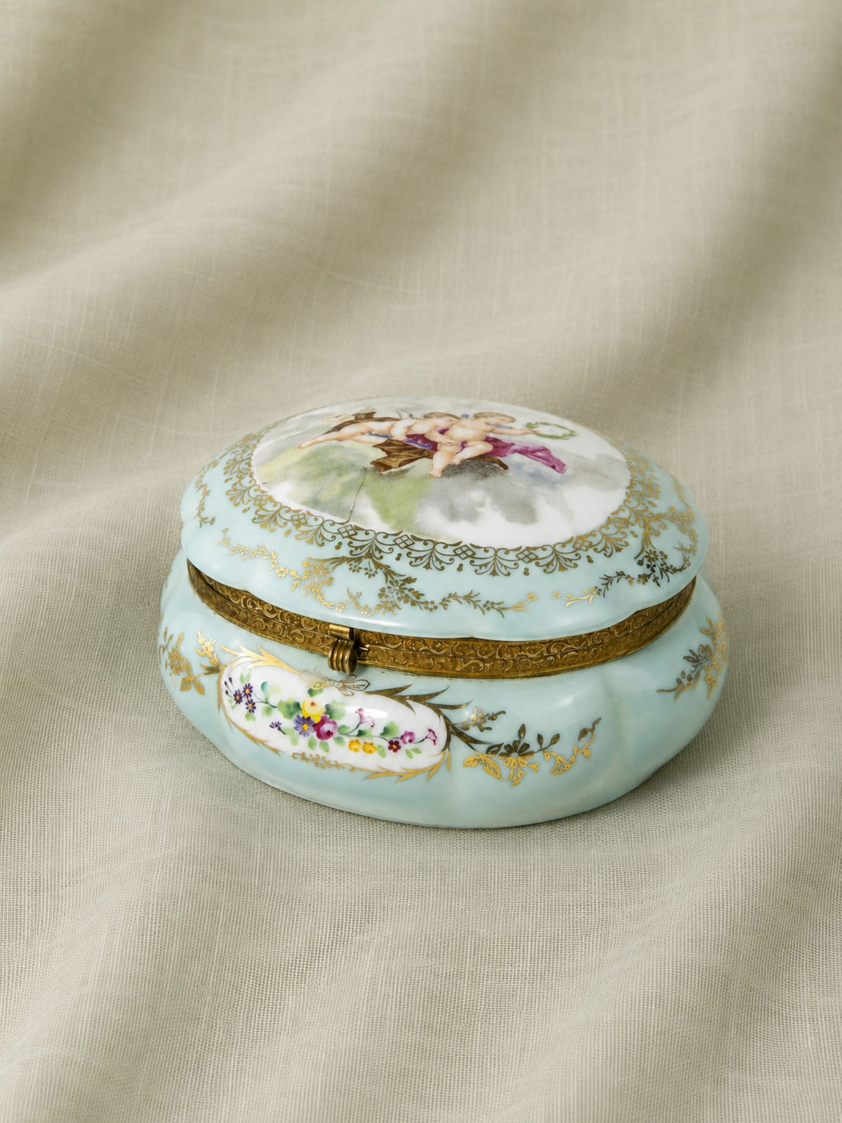 Antique German Hand-Painted Porcelain Cherub Powder Box