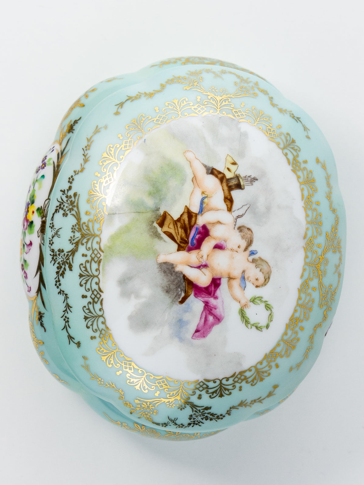 Antique German Hand-Painted Porcelain Cherub Powder Box