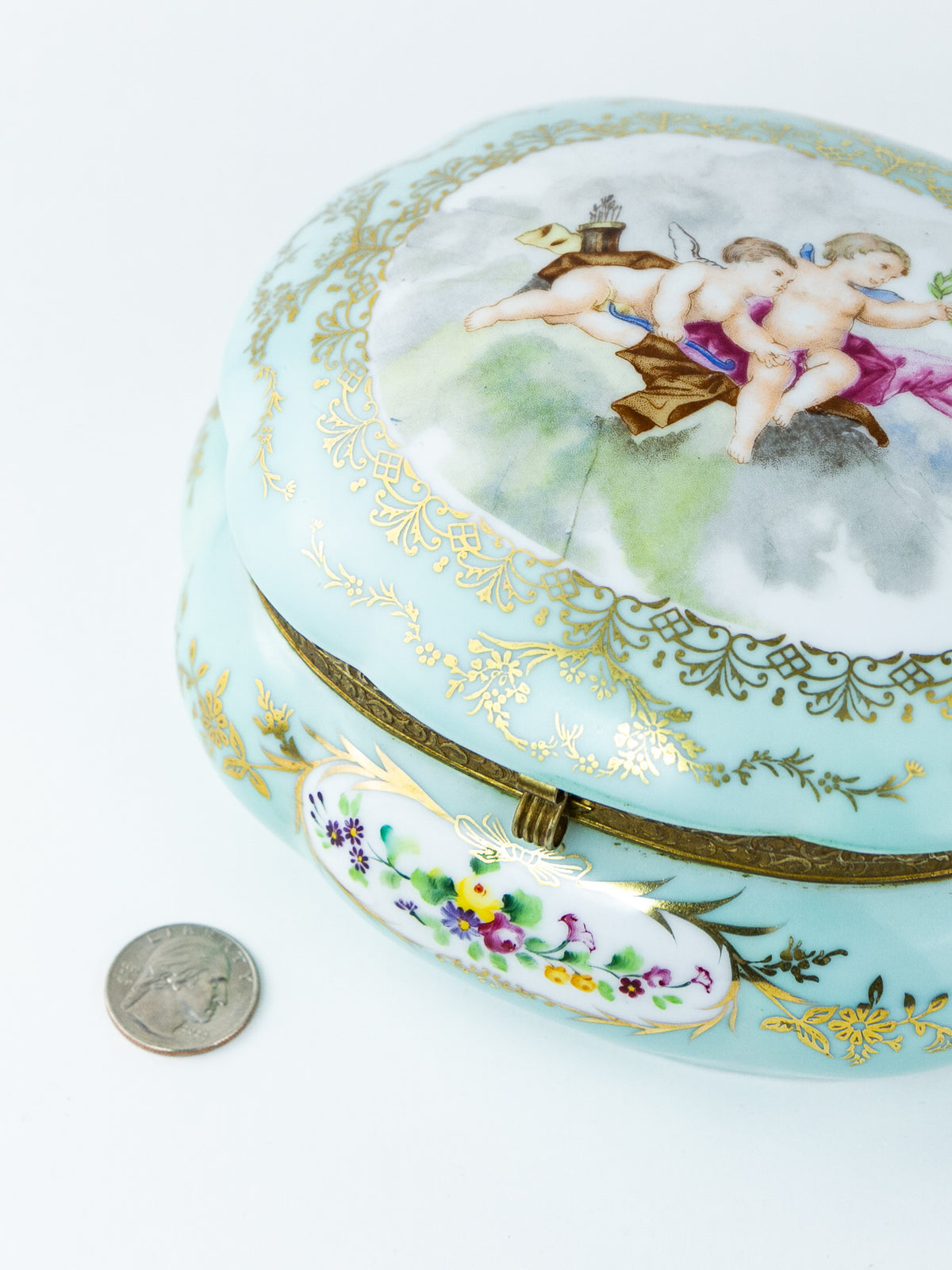 Antique German Hand-Painted Porcelain Cherub Powder Box