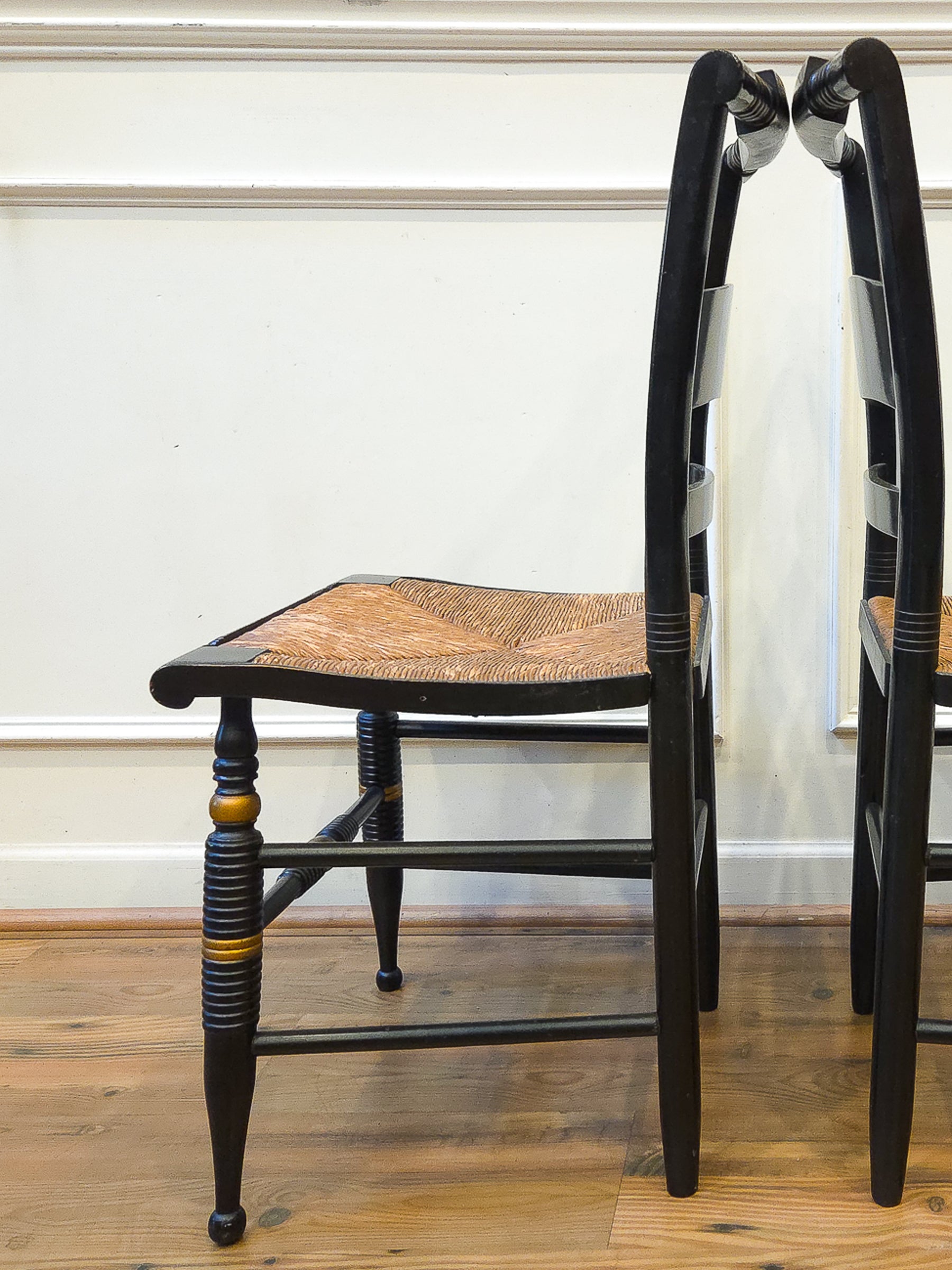 Pair of Vintage Hitchcock Black Painted Stenciled Side Chairs with Rush Woven Seats
