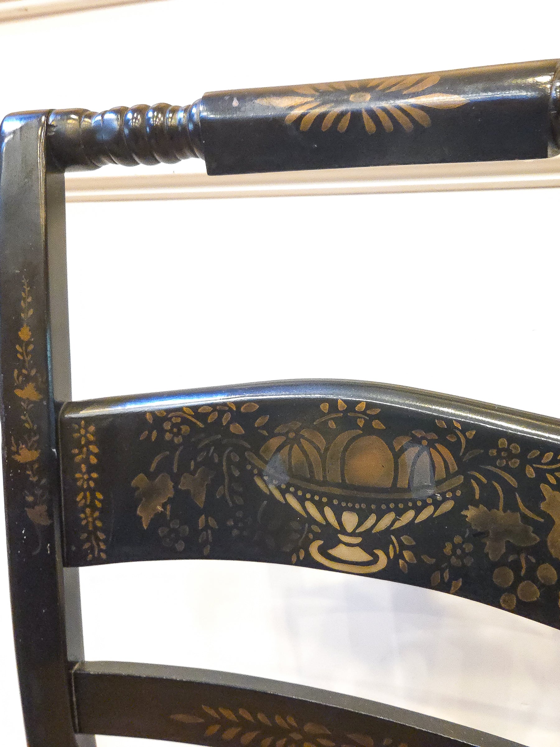 Pair of Vintage Hitchcock Black Painted Stenciled Side Chairs with Rush Woven Seats
