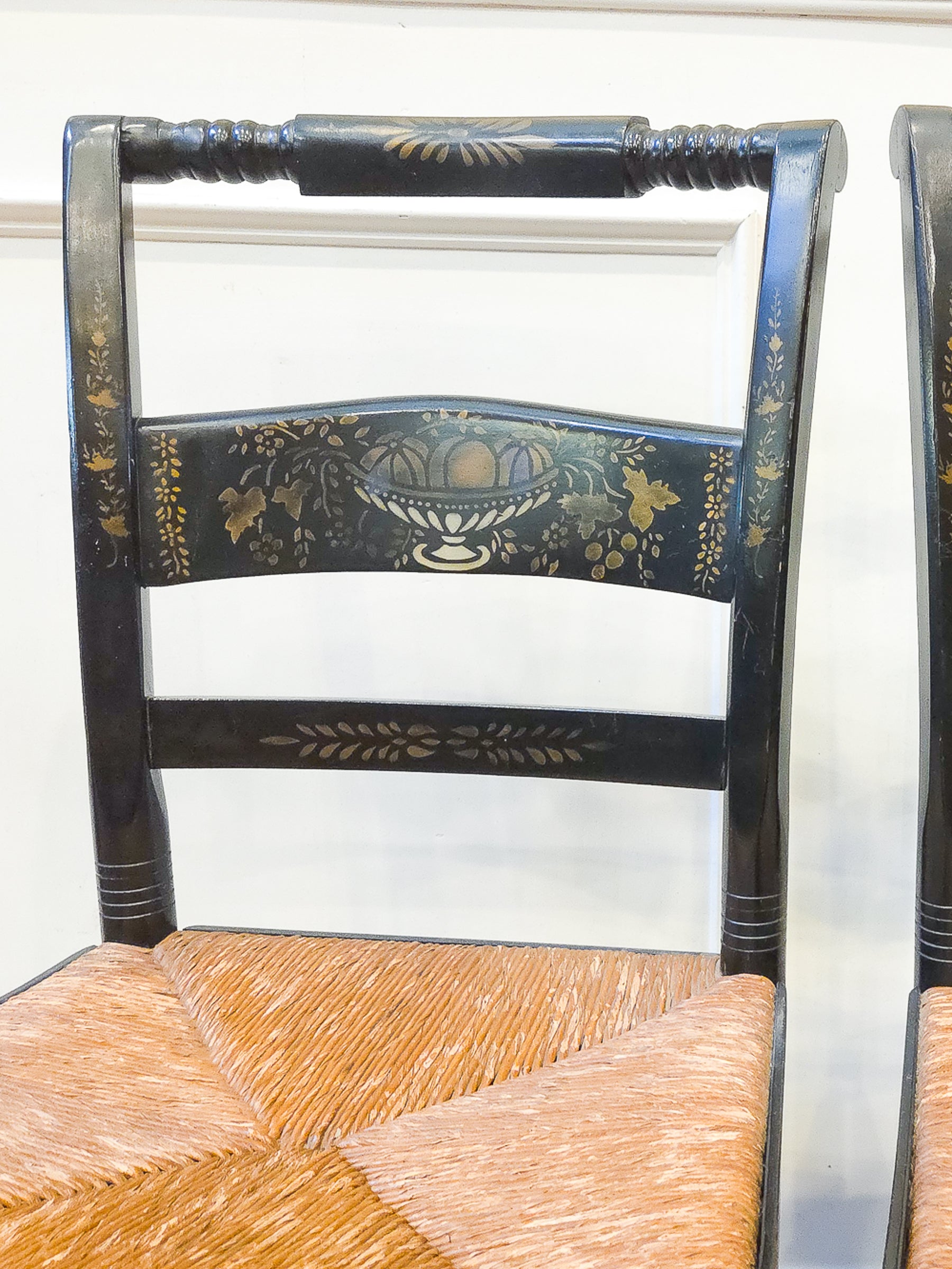 Pair of Vintage Hitchcock Black Painted Stenciled Side Chairs with Rush Woven Seats