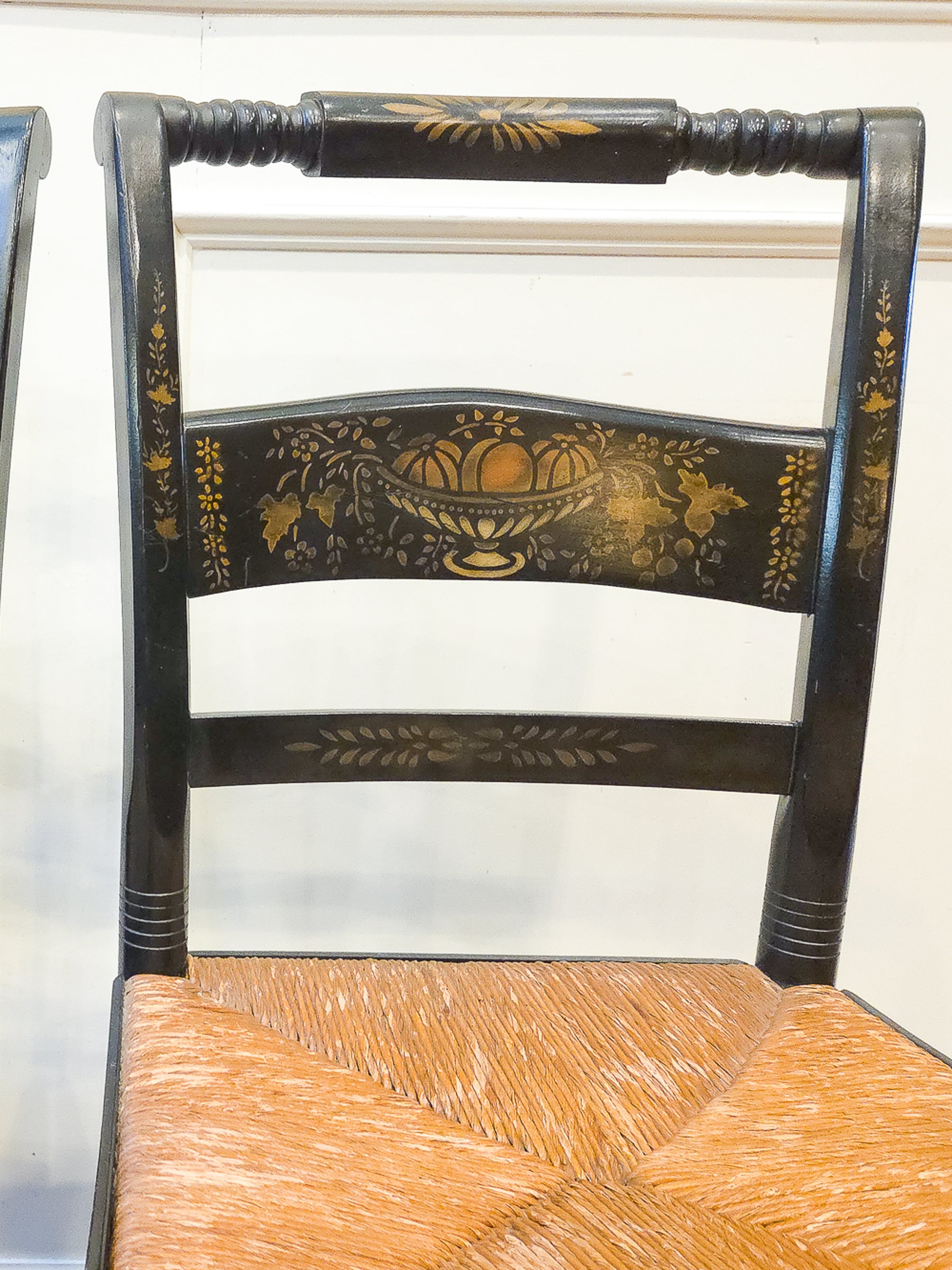Pair of Vintage Hitchcock Black Painted Stenciled Side Chairs with Rush Woven Seats