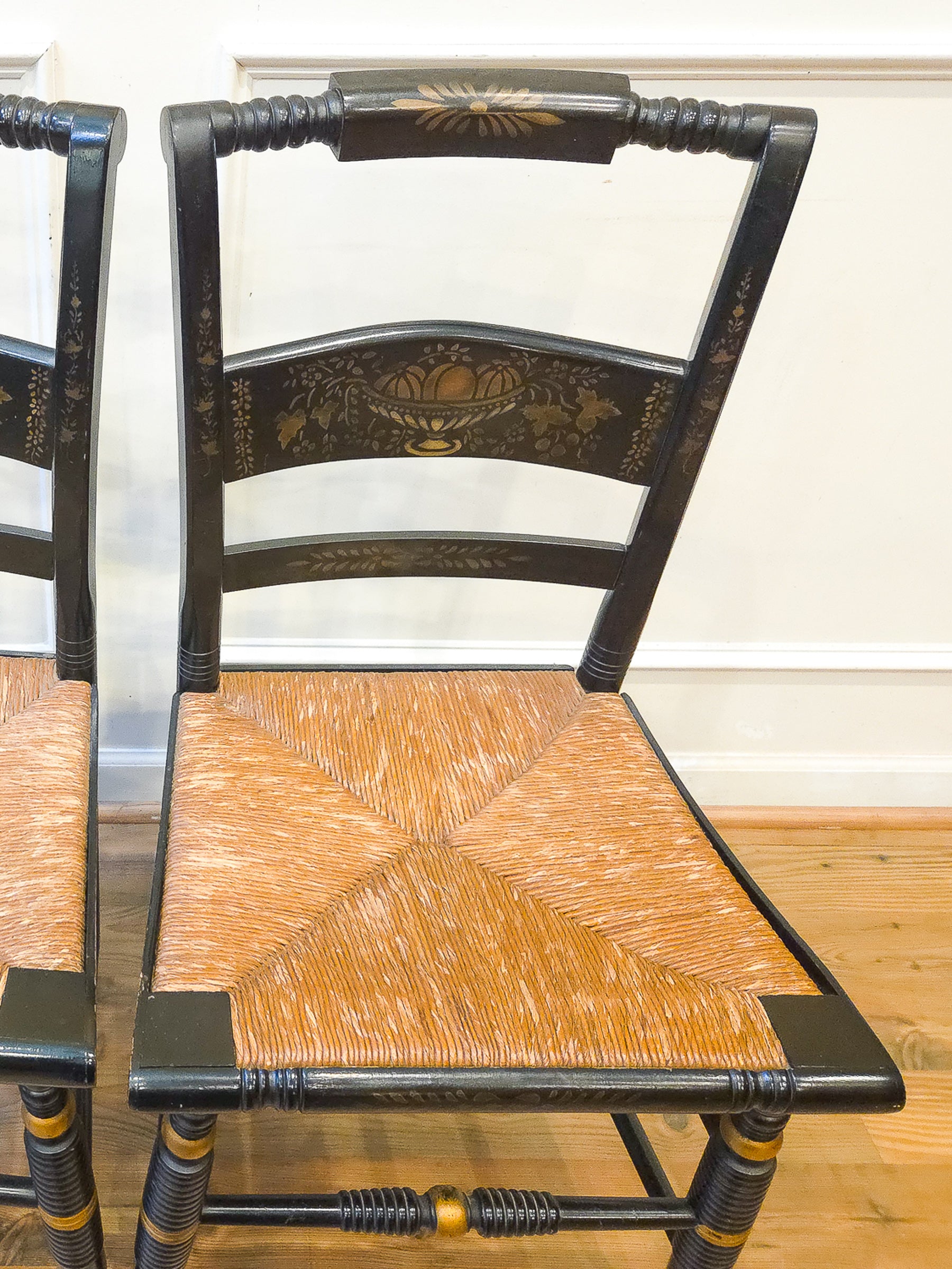 Pair of Vintage Hitchcock Black Painted Stenciled Side Chairs with Rush Woven Seats