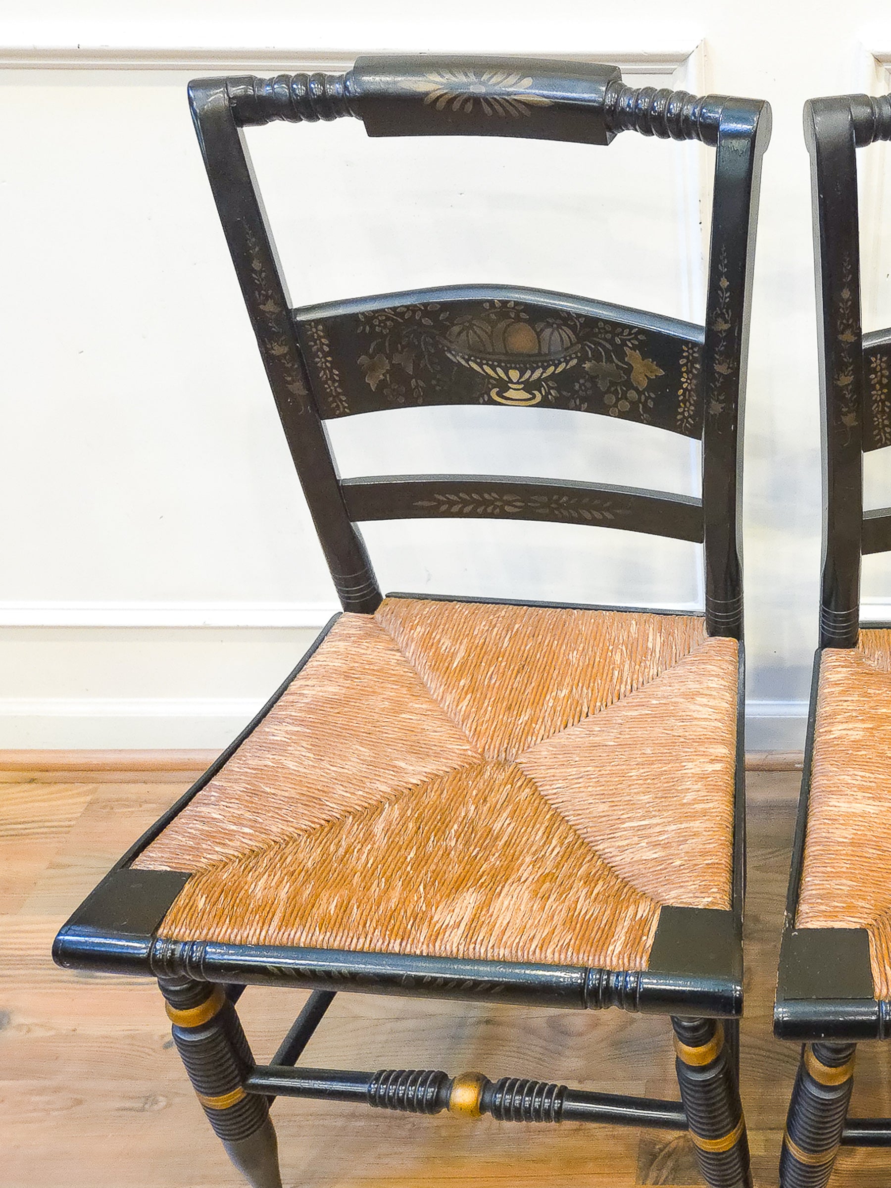 Pair of Vintage Hitchcock Black Painted Stenciled Side Chairs with Rush Woven Seats
