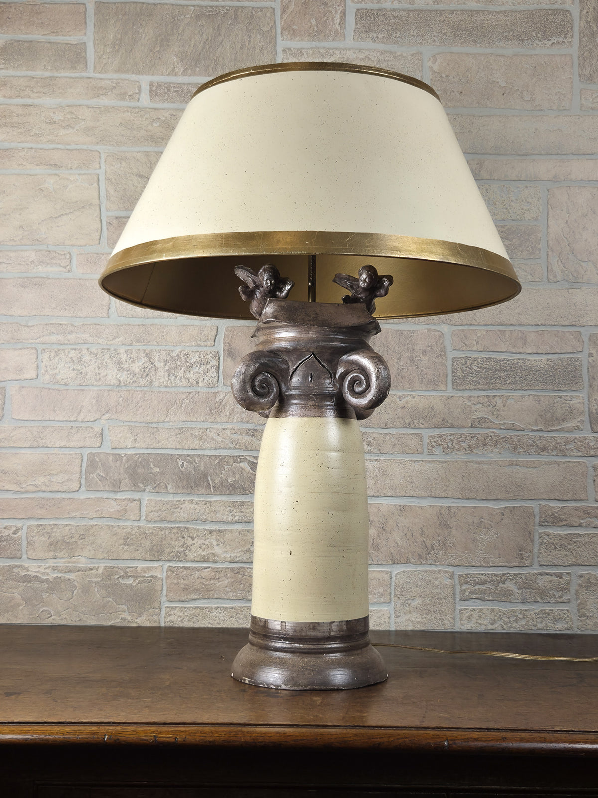 Vintage Burts Cason Hollywood Regency Table Lamp with Cherubs & Original Shade