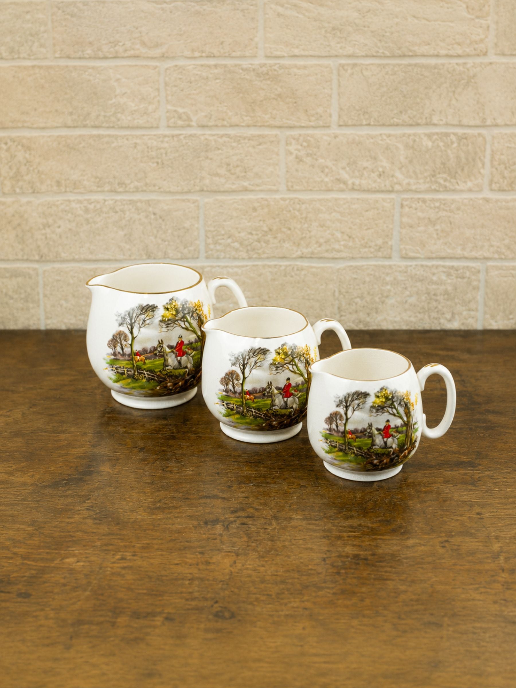 Vintage English Sadler Staffordshire Pottery Hunt Scene Porcelain Graduating Jugs, Set of 3