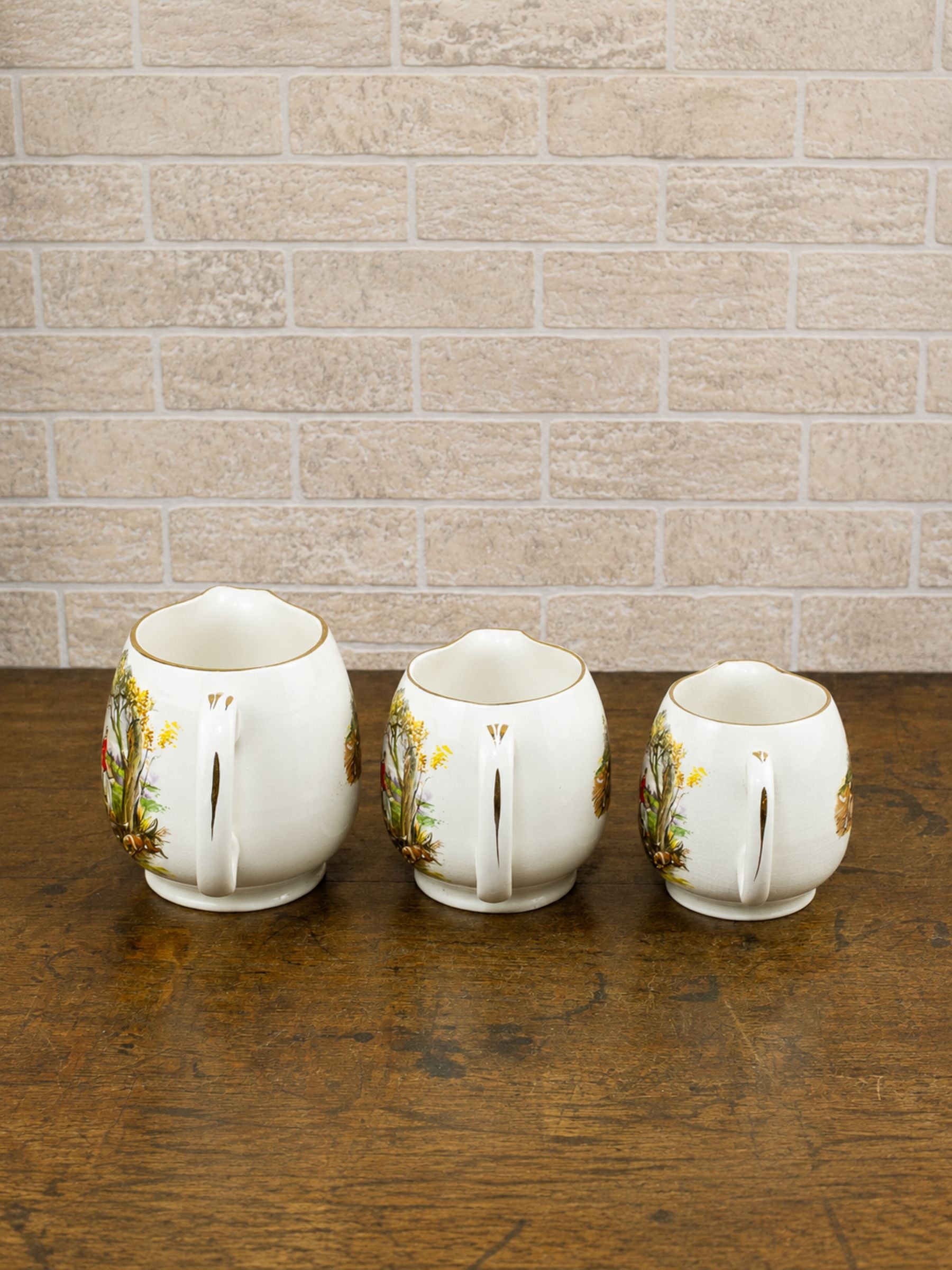 Vintage English Sadler Staffordshire Pottery Hunt Scene Porcelain Graduating Jugs, Set of 3