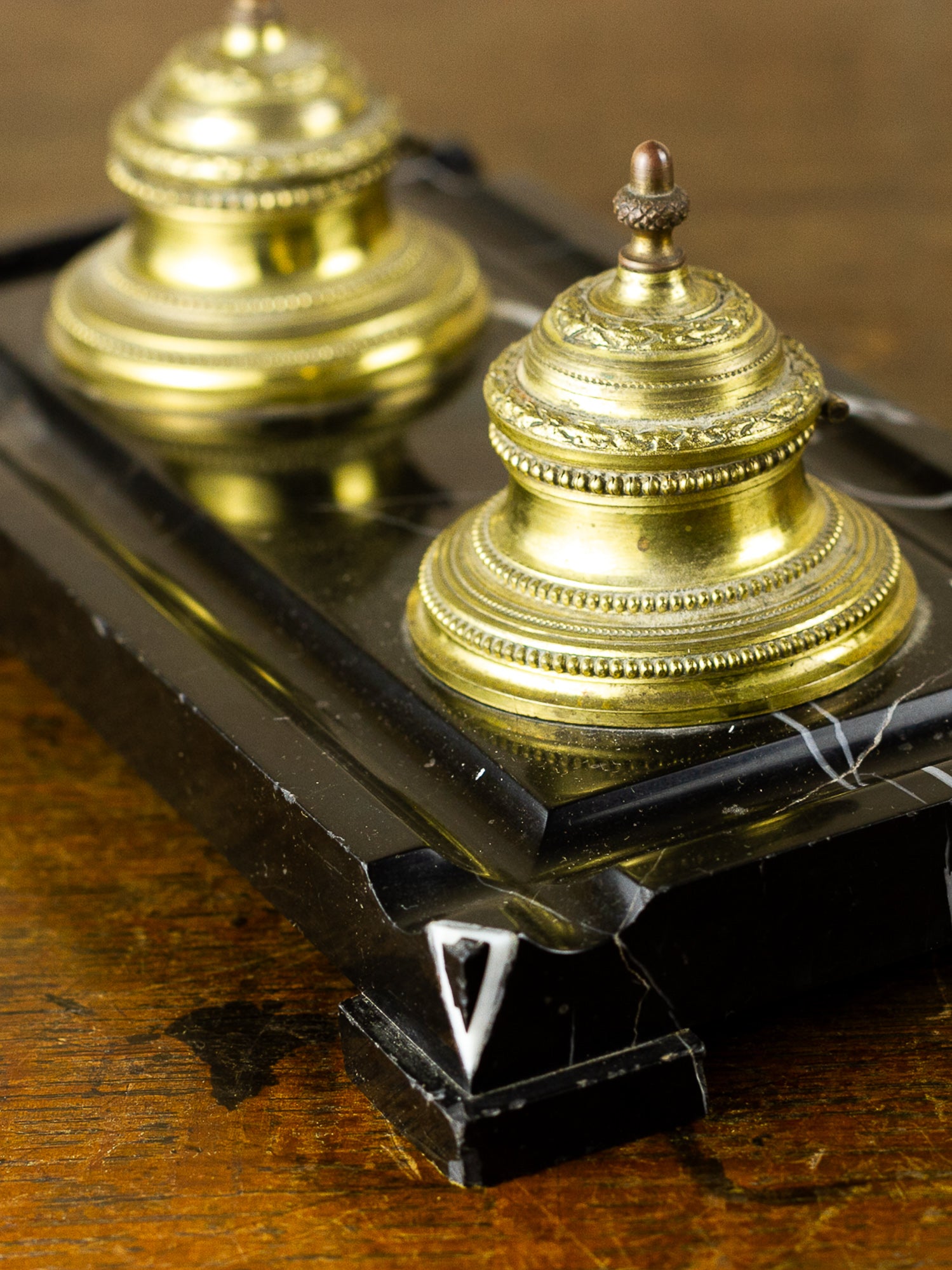 French Black Marble & Gilt Bronze Double Inkwell Desk Set