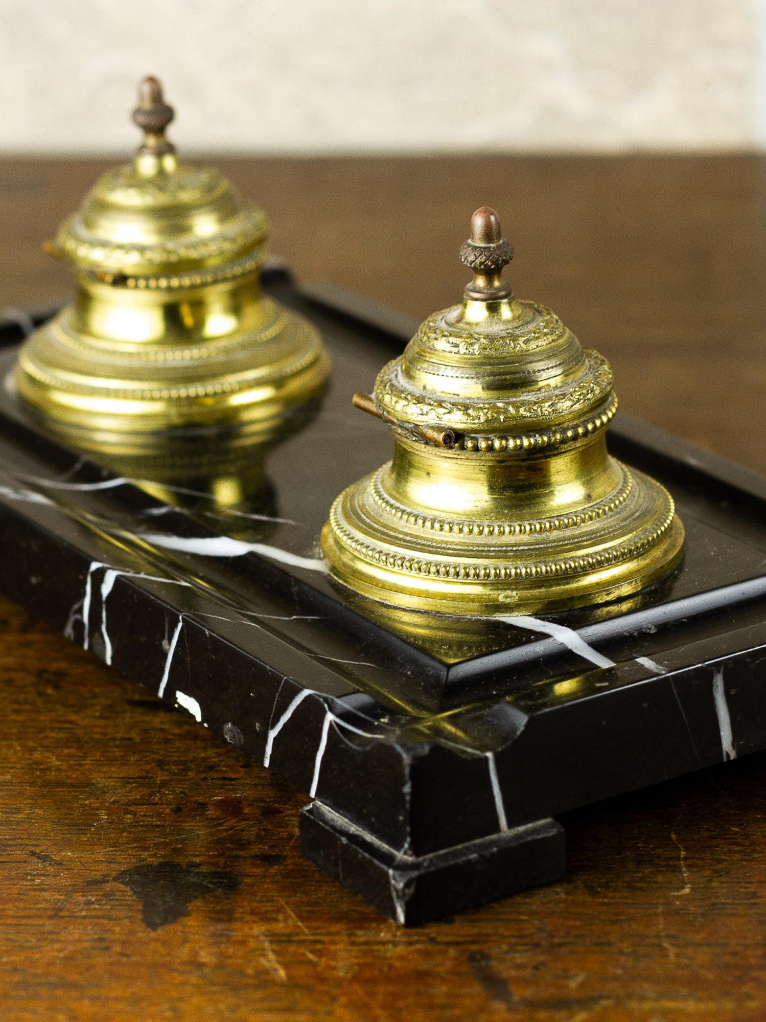 French Black Marble & Gilt Bronze Double Inkwell Desk Set