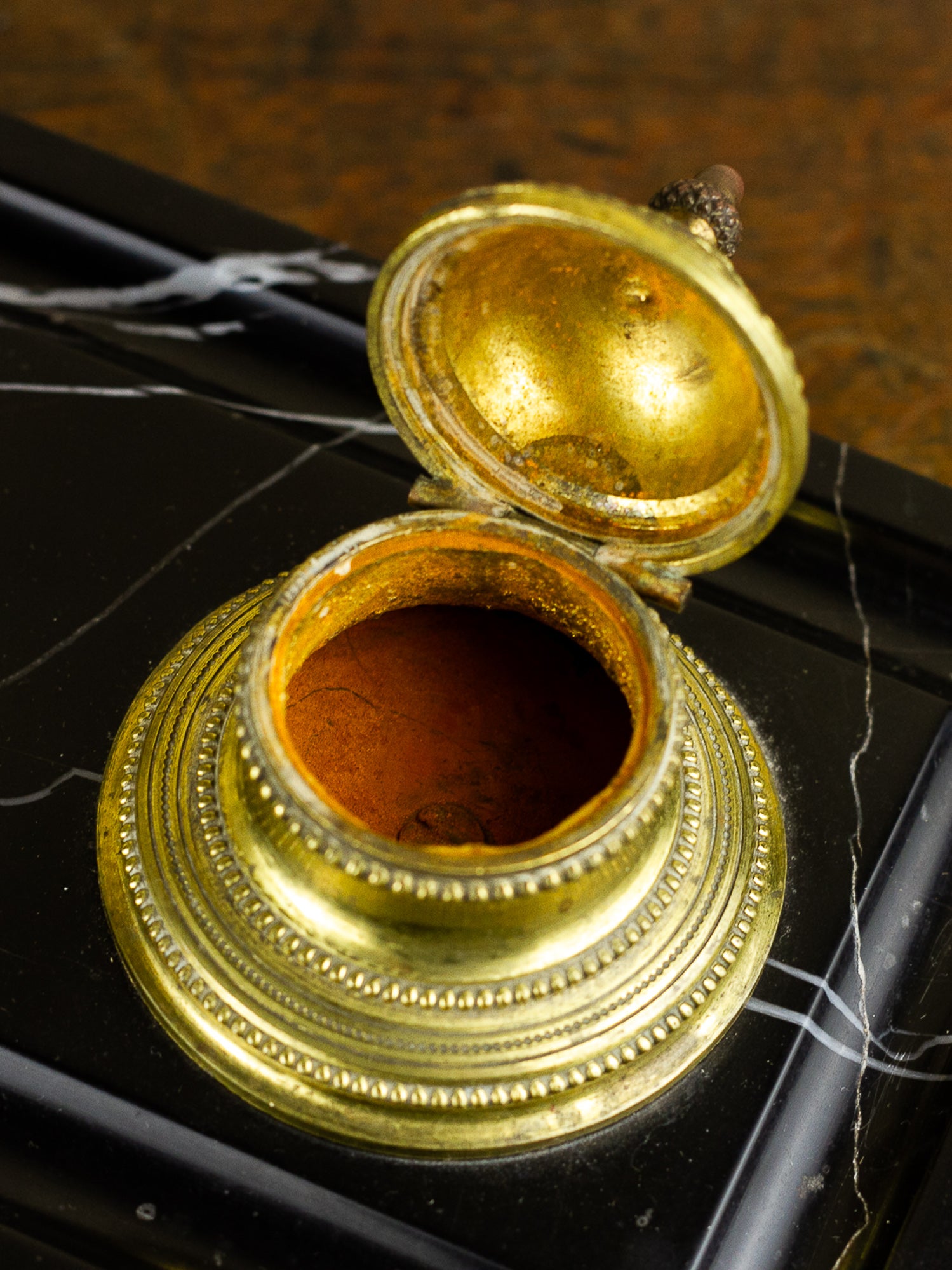 French Black Marble & Gilt Bronze Double Inkwell Desk Set