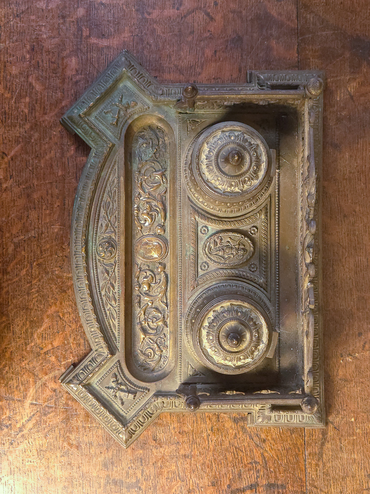 19th Century Cast Brass Double Inkwell with Pen Tray