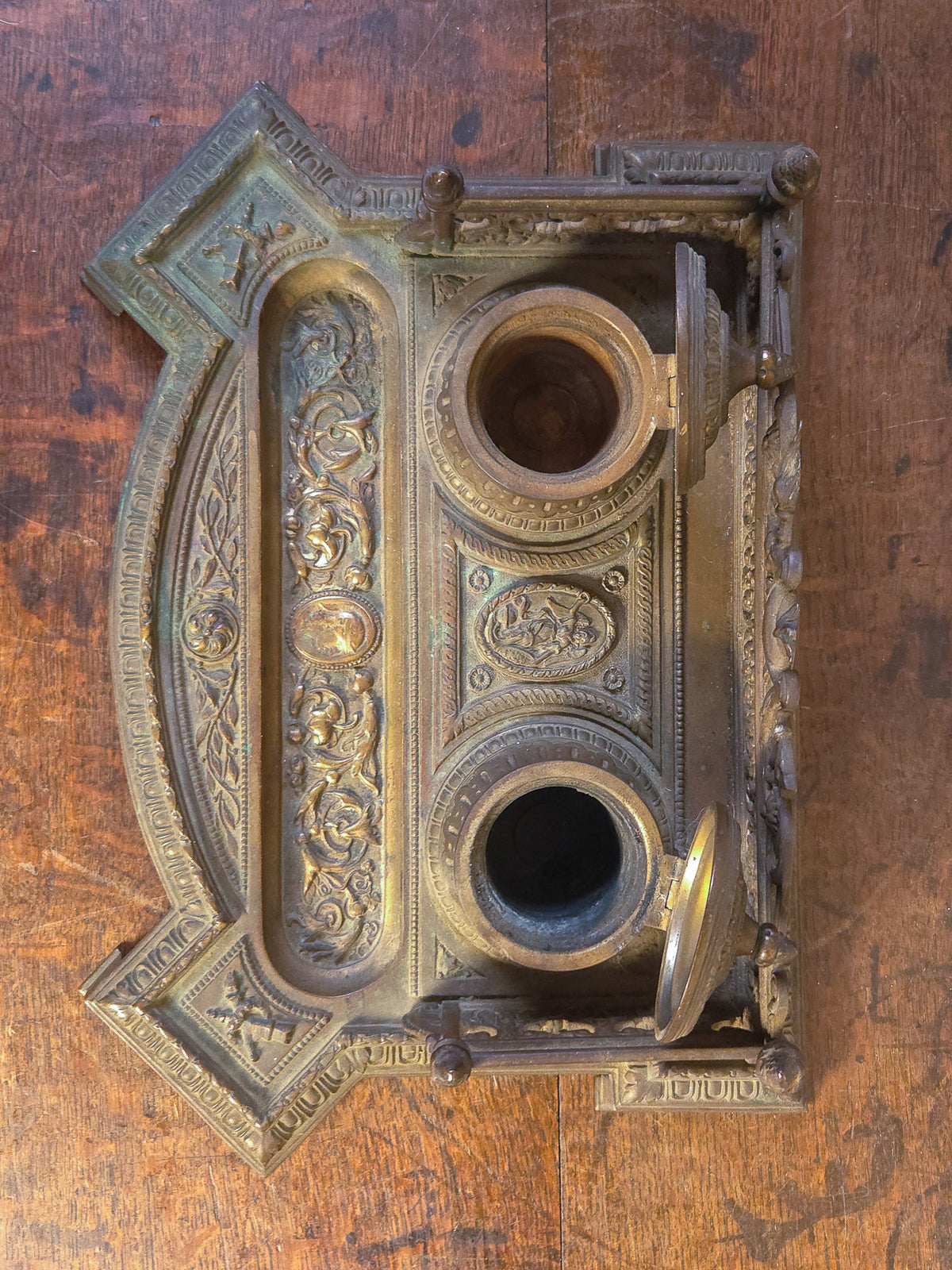 19th Century Cast Brass Double Inkwell with Pen Tray