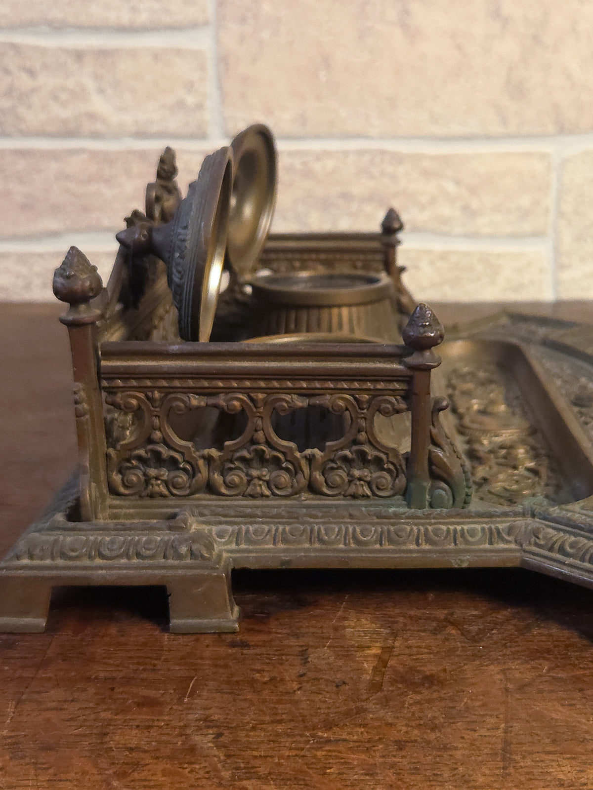 19th Century Cast Brass Double Inkwell with Pen Tray
