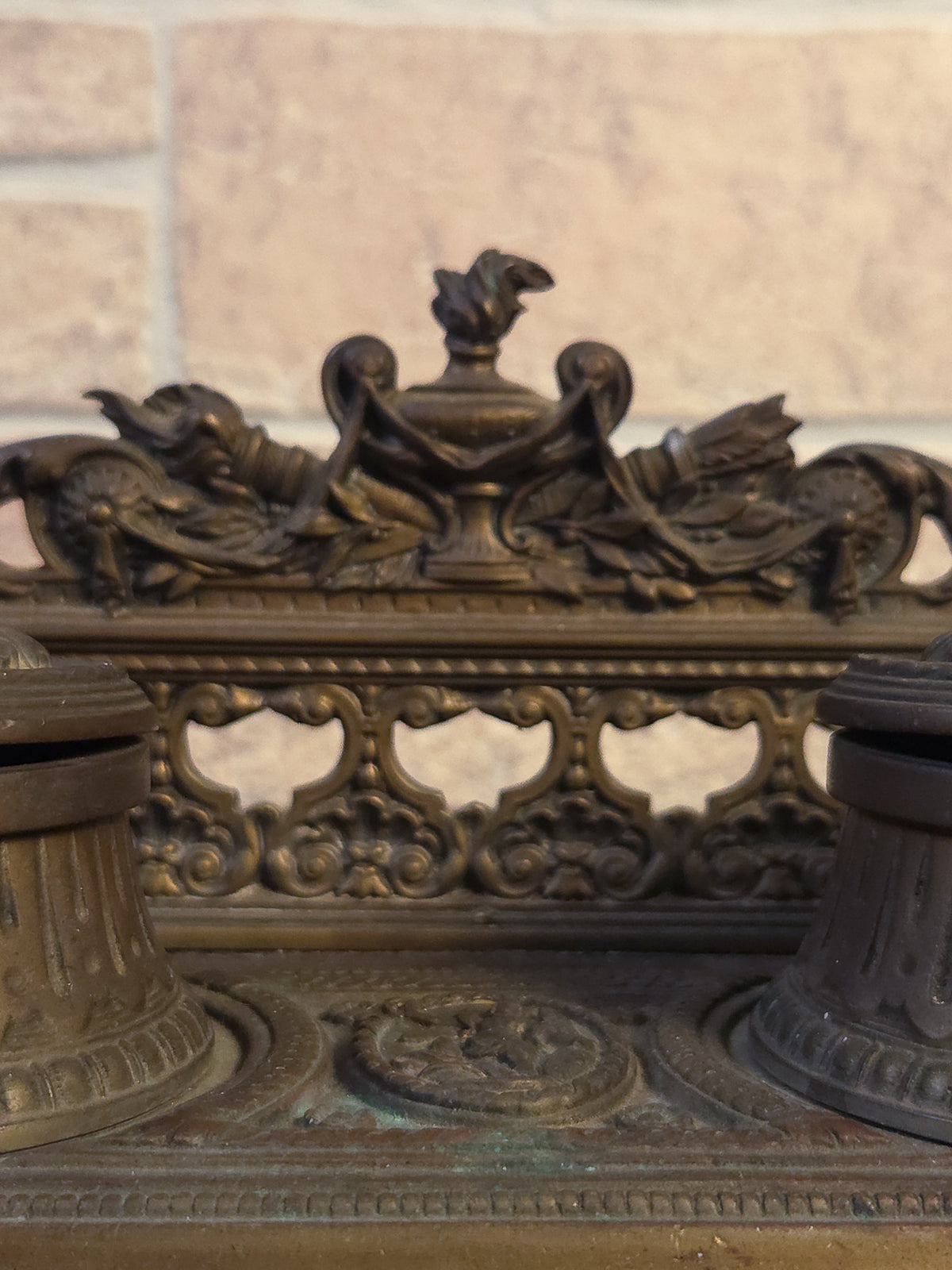 19th Century Cast Brass Double Inkwell with Pen Tray