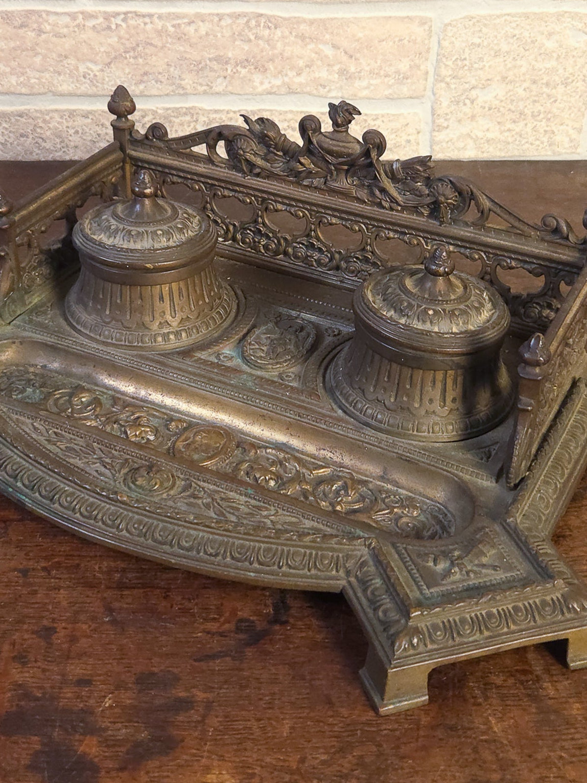 19th Century Cast Brass Double Inkwell with Pen Tray