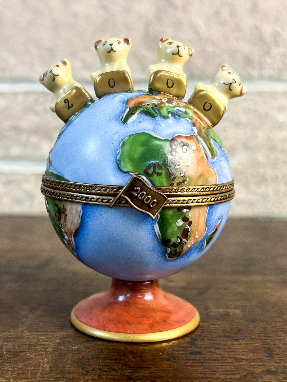 Gérard Ribierre Limoges Millennium Globe Trinket Box with Four Bears, 1999–2000